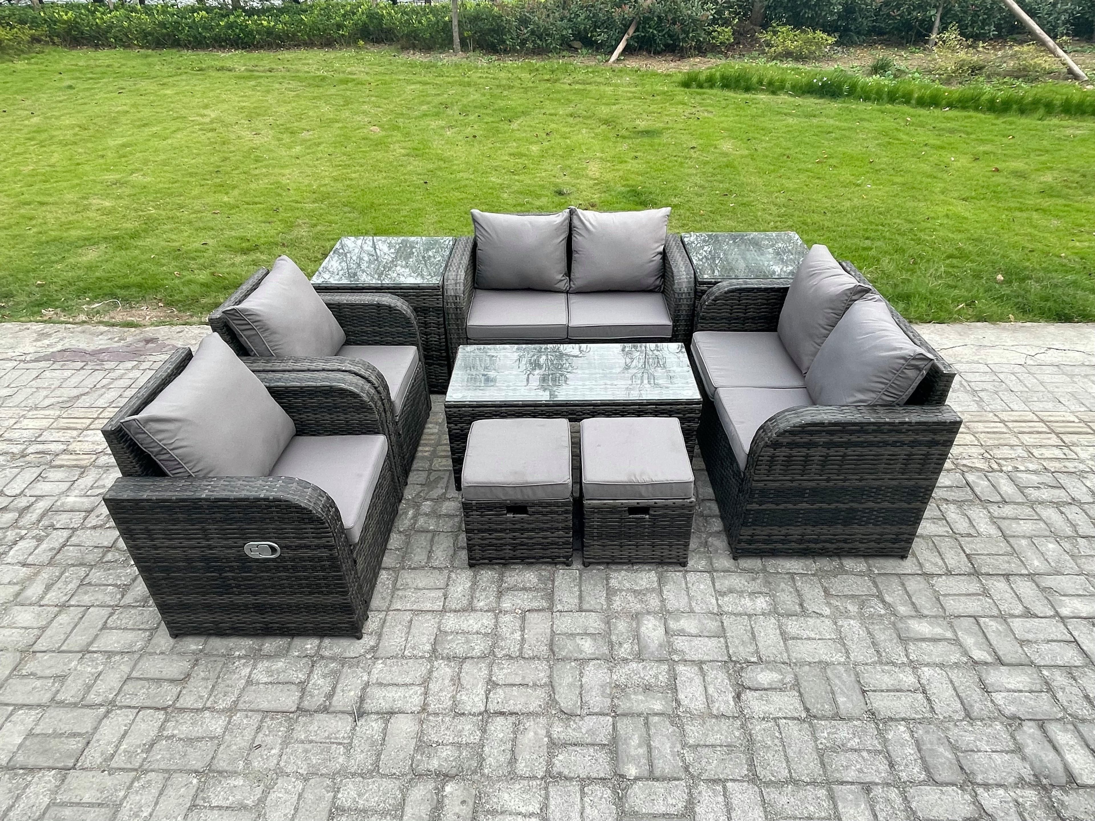 9 Piece Rattan Garden Furniture Set Outdoor Patio Sofa Table Chairs Coffee Table 2 Small Footstools Ideal Pool Side Balcony