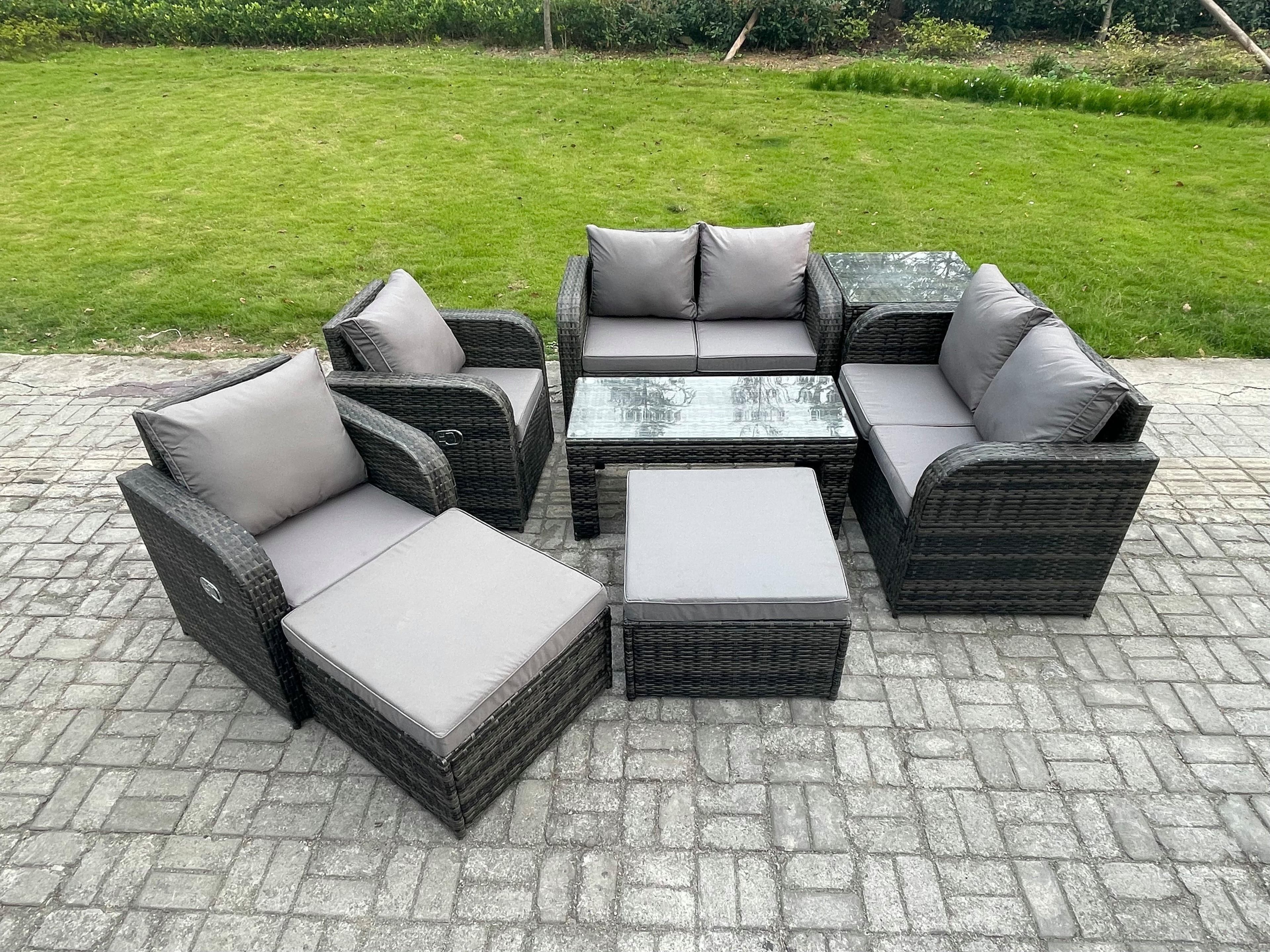 8 PCS Garden Furniture set Rattan Outdoor Lounge Sofa Table Chair Tempered Glass Table Dark Grey Mixed