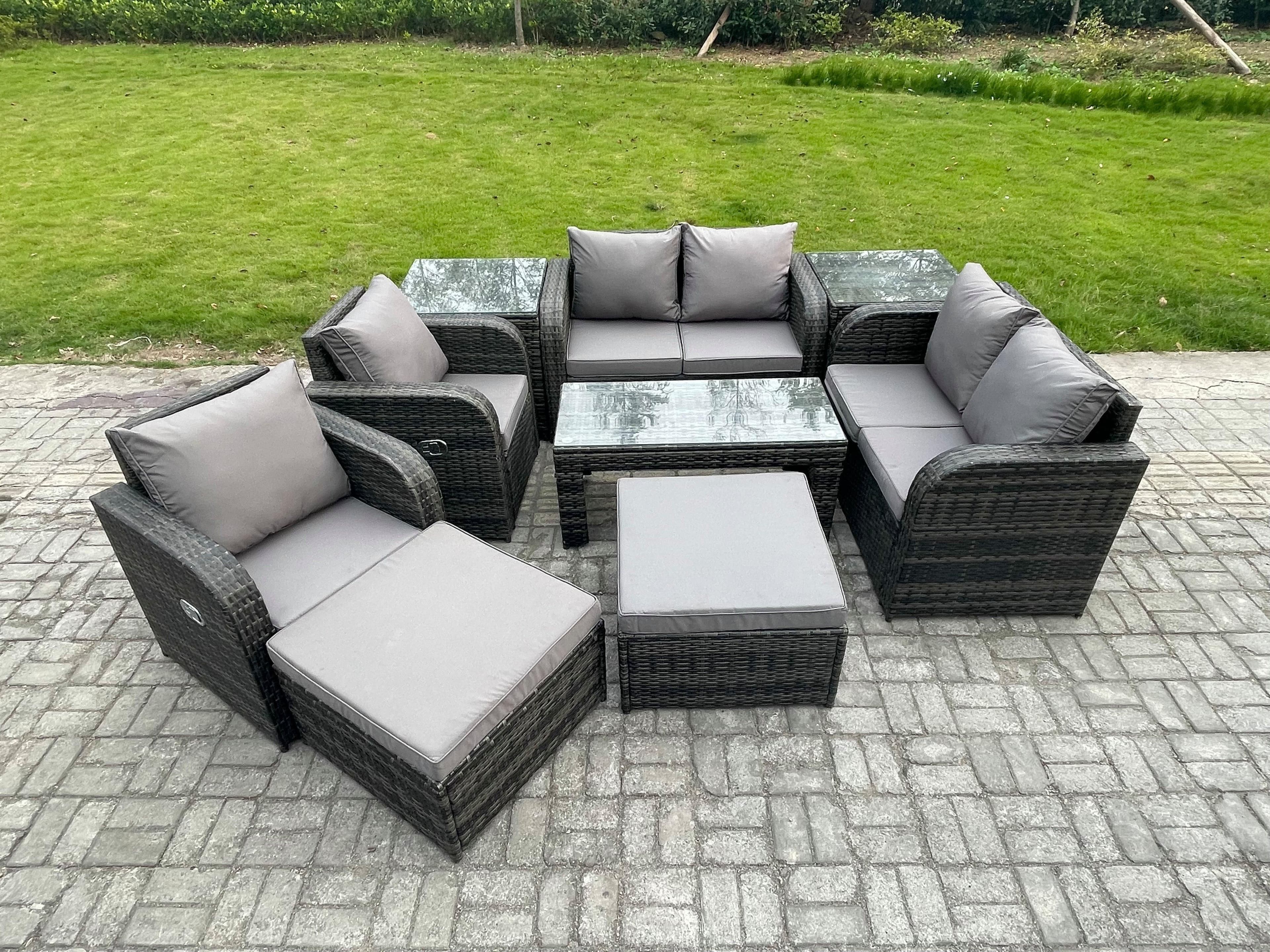 9 PCS Garden Furniture set Rattan Outdoor Lounge Sofa Table Chair Tempered Glass Table Dark Grey Mixed