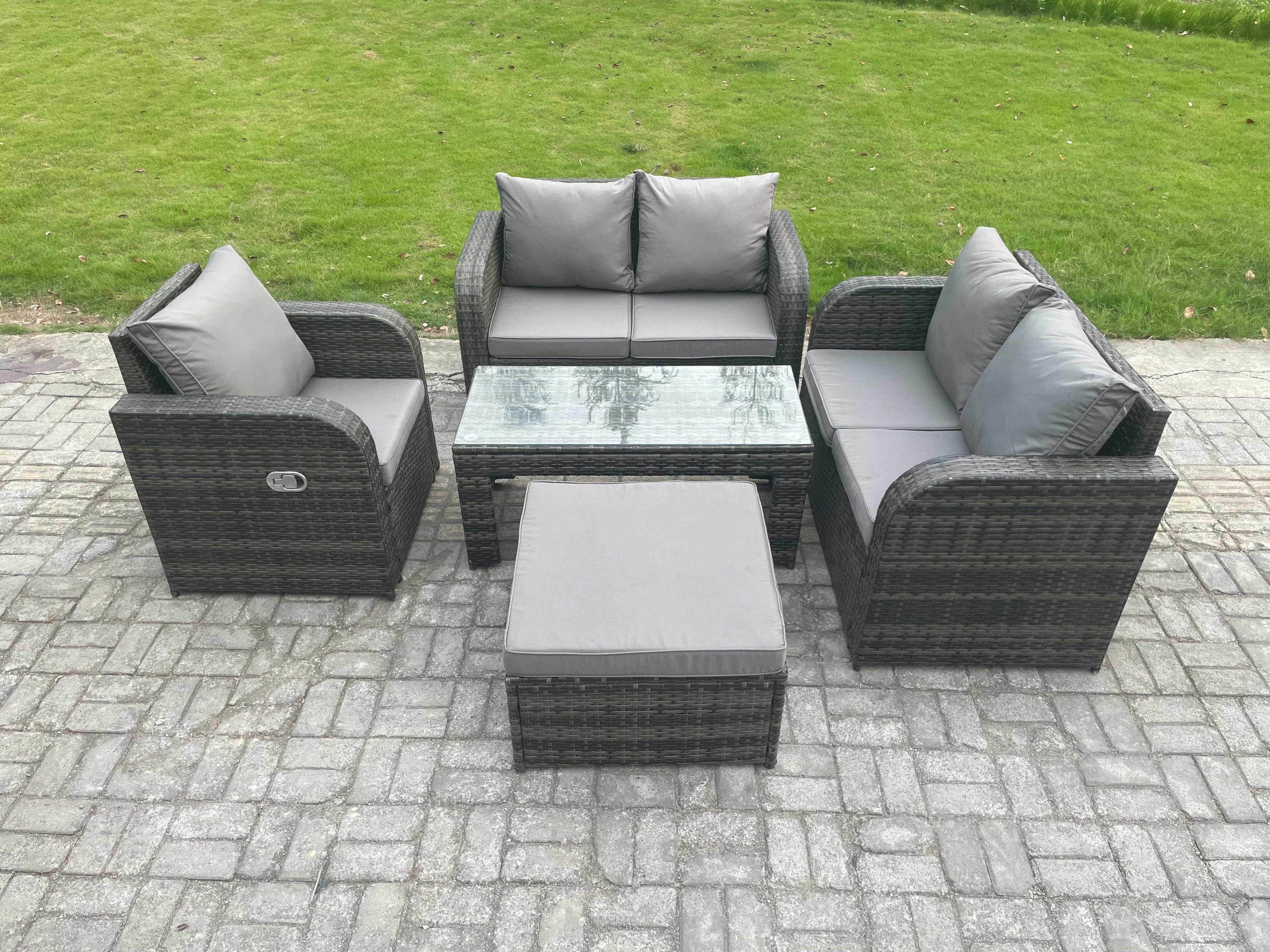 5 PCS Garden Furniture set Rattan Outdoor Lounge Sofa Table Chair Tempered Glass Table Dark Grey Mixed