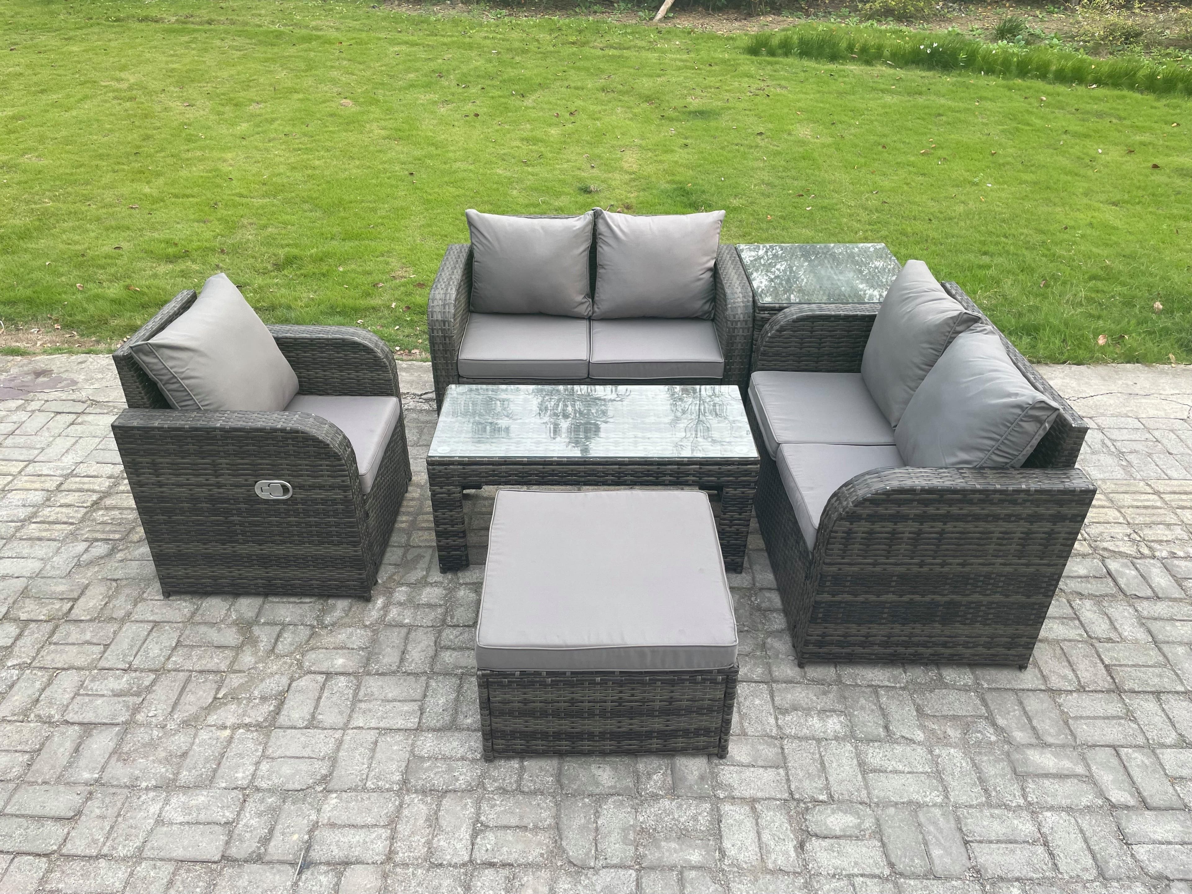 6 PCS Garden Furniture set Rattan Outdoor Lounge Sofa Table Chair Tempered Glass Table Dark Grey Mixed