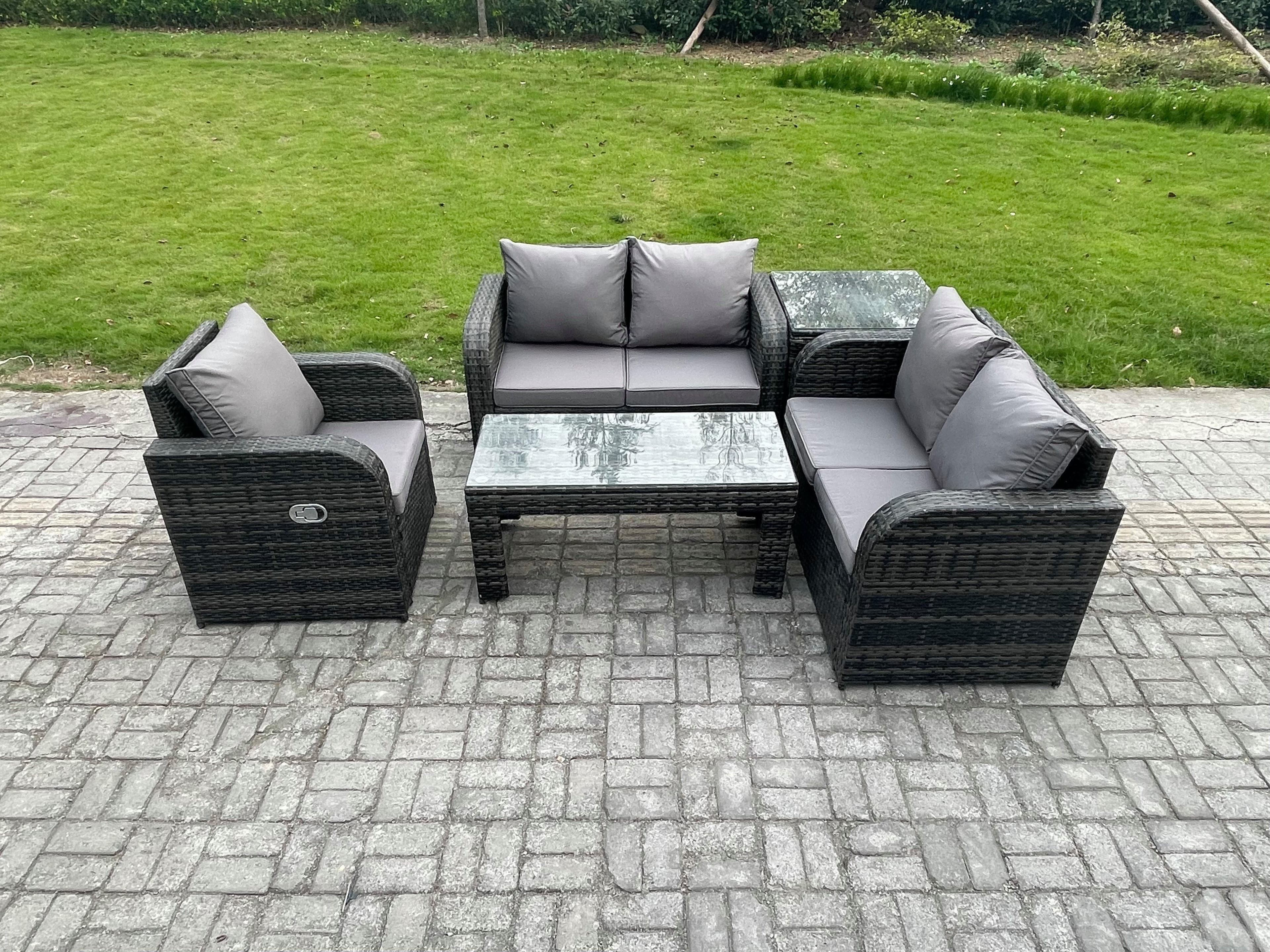 5 Seater Garden Furniture set Rattan Outdoor Lounge Sofa Table Chair Tempered Glass Table Dark Grey Mixed