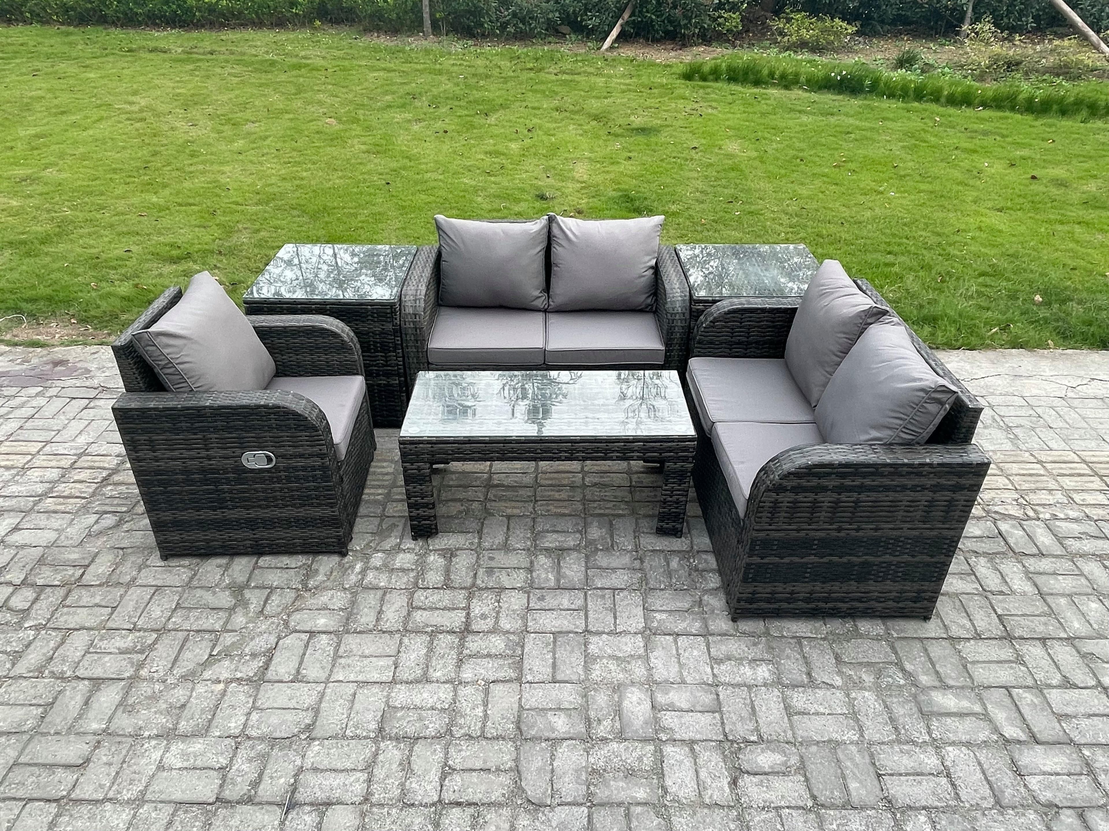 Rattan Outdoor Garden Furniture Sofa Set Patio Table & Chairs Set 2 Side Tables Dark Grey Mixed