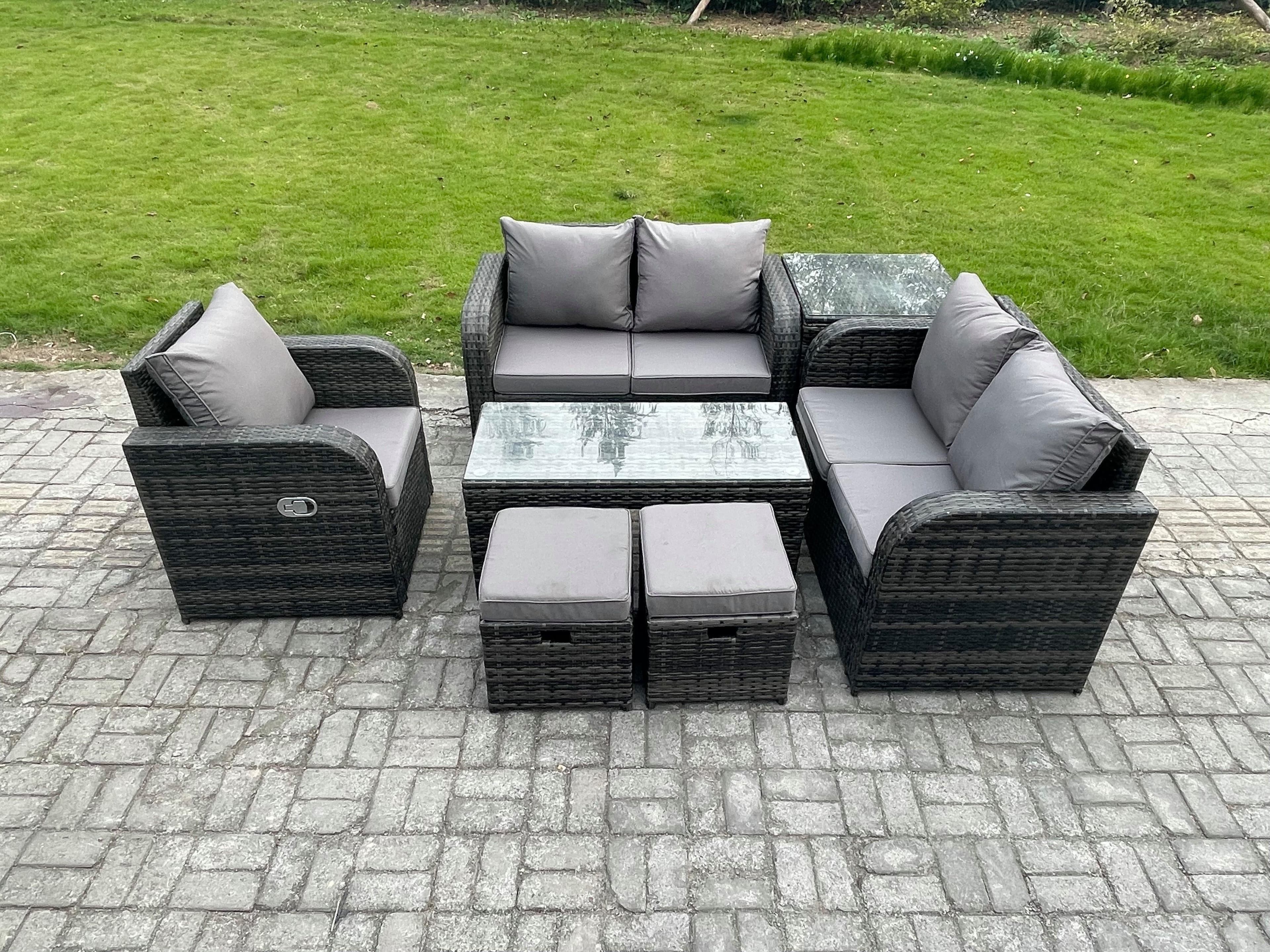 Rattan Outdoor Garden Furniture Sofa Set Patio Table & Chairs Set 2 Small Footstools Side Table Dark Grey Mixed