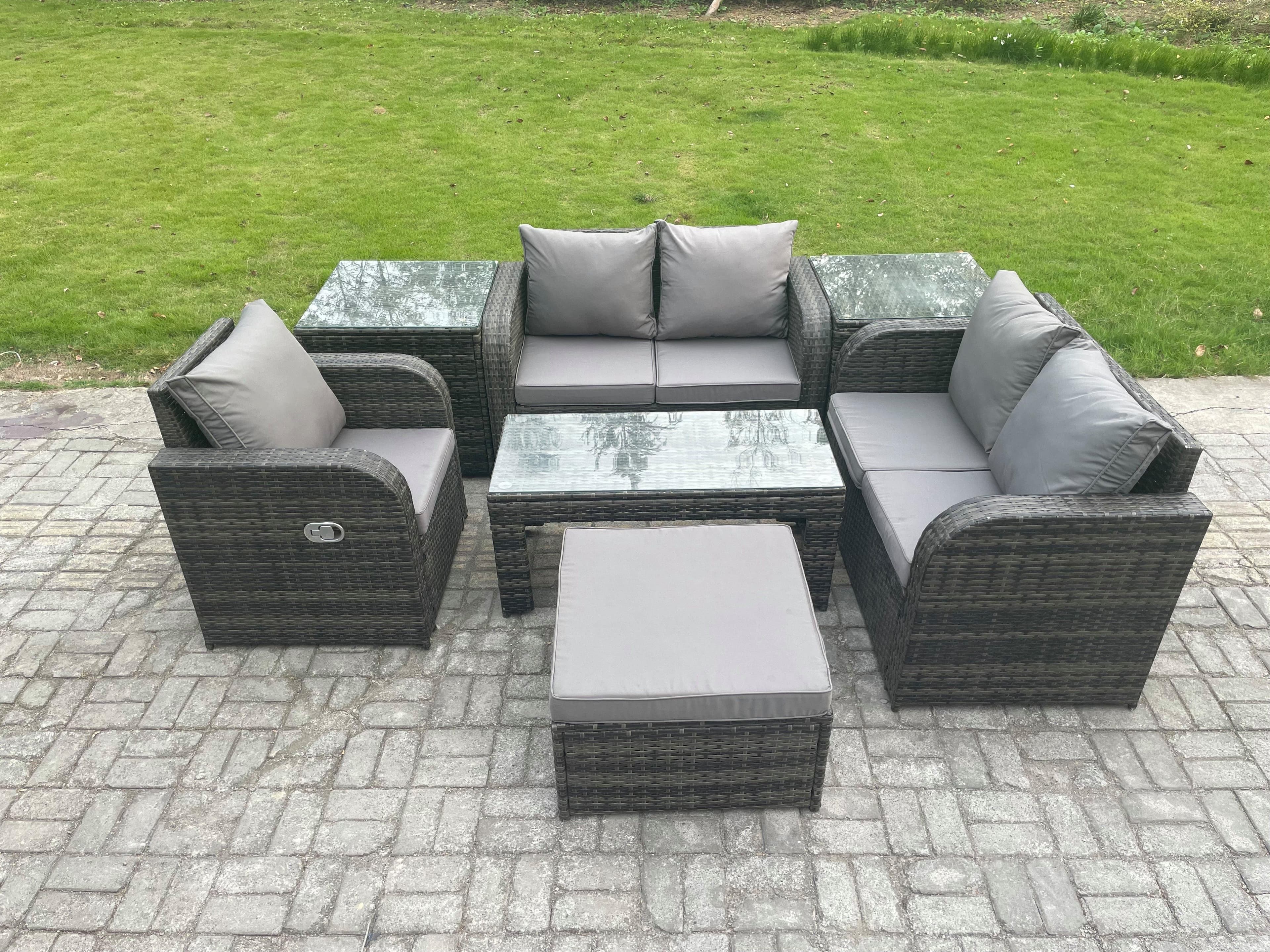 Rattan Outdoor Garden Furniture Sofa Set Patio Table & Chairs Set Big Footstool 2 Side Tables Dark Grey Mixed