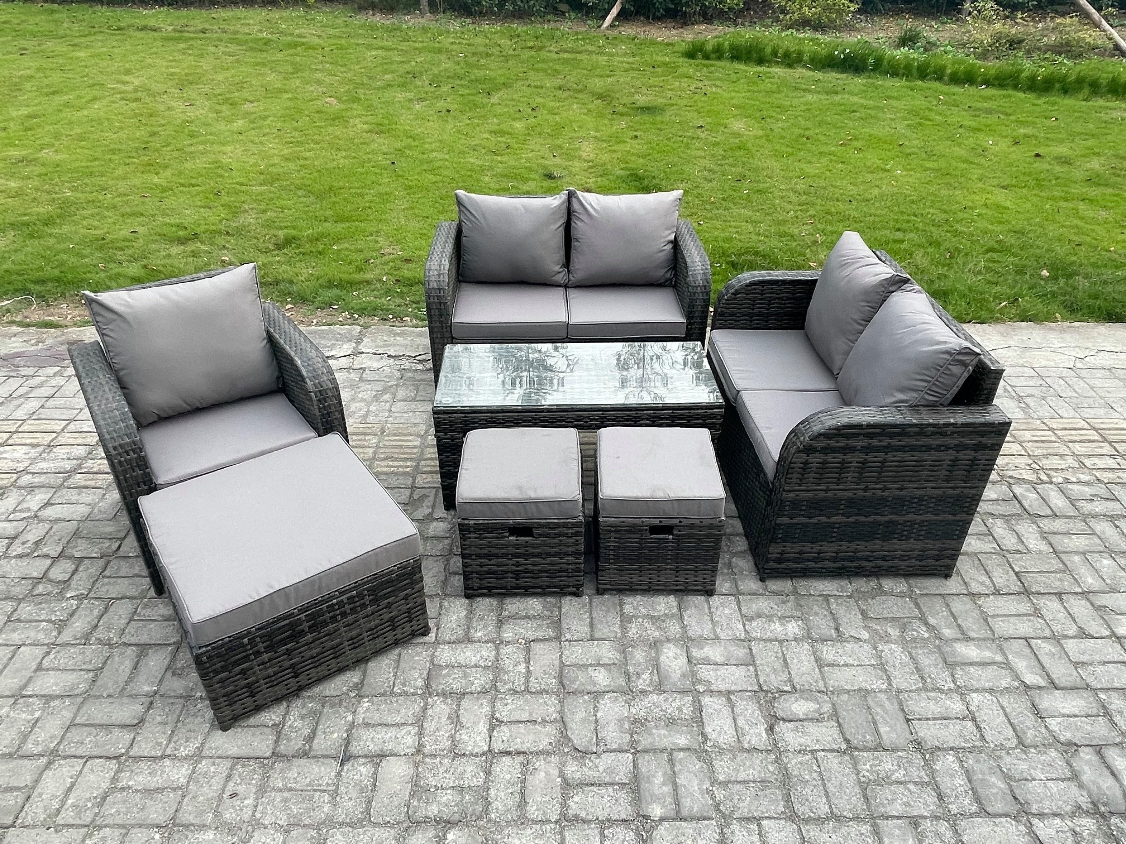 Rattan Outdoor Garden Furniture Sofa Set Patio Table & Chairs Set 3 Footstools Dark Grey Mixed