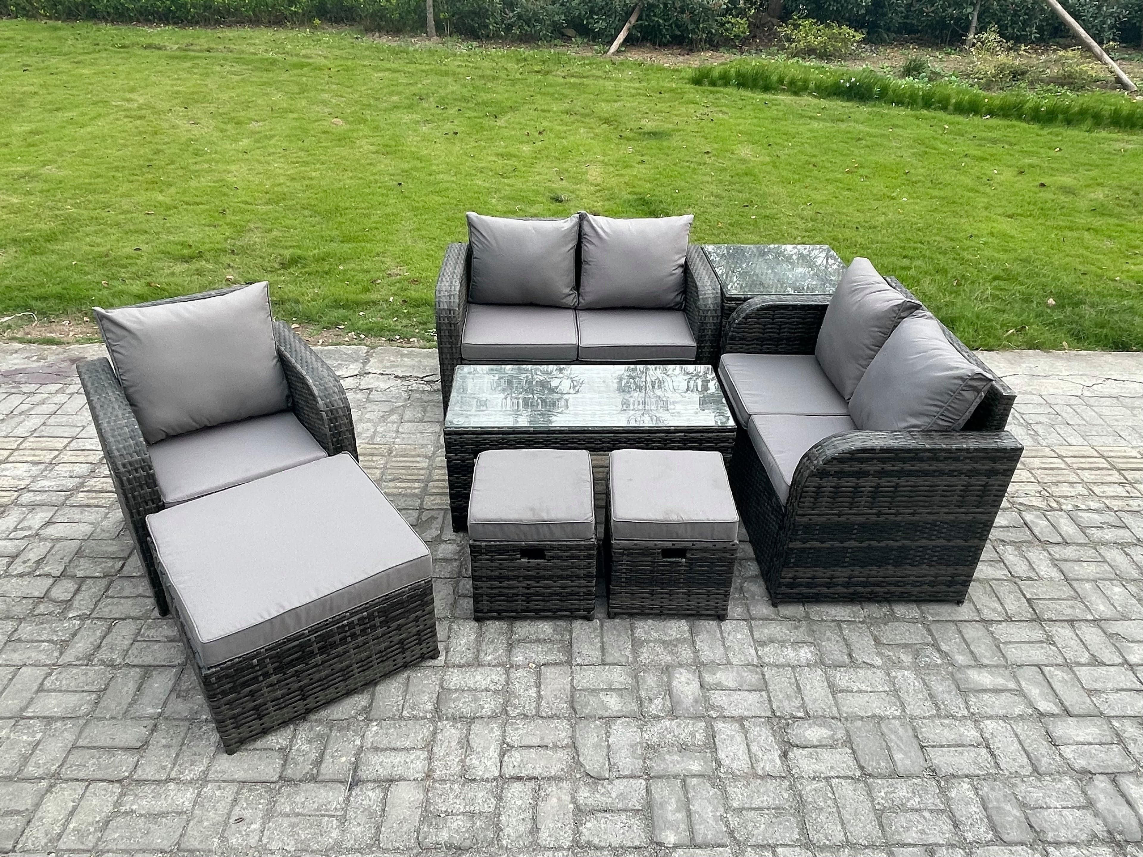 8 Seater Rattan Outdoor Garden Furniture Sofa Set Patio Table & Chairs Set Side Table 3 Footstools Dark Grey Mixed