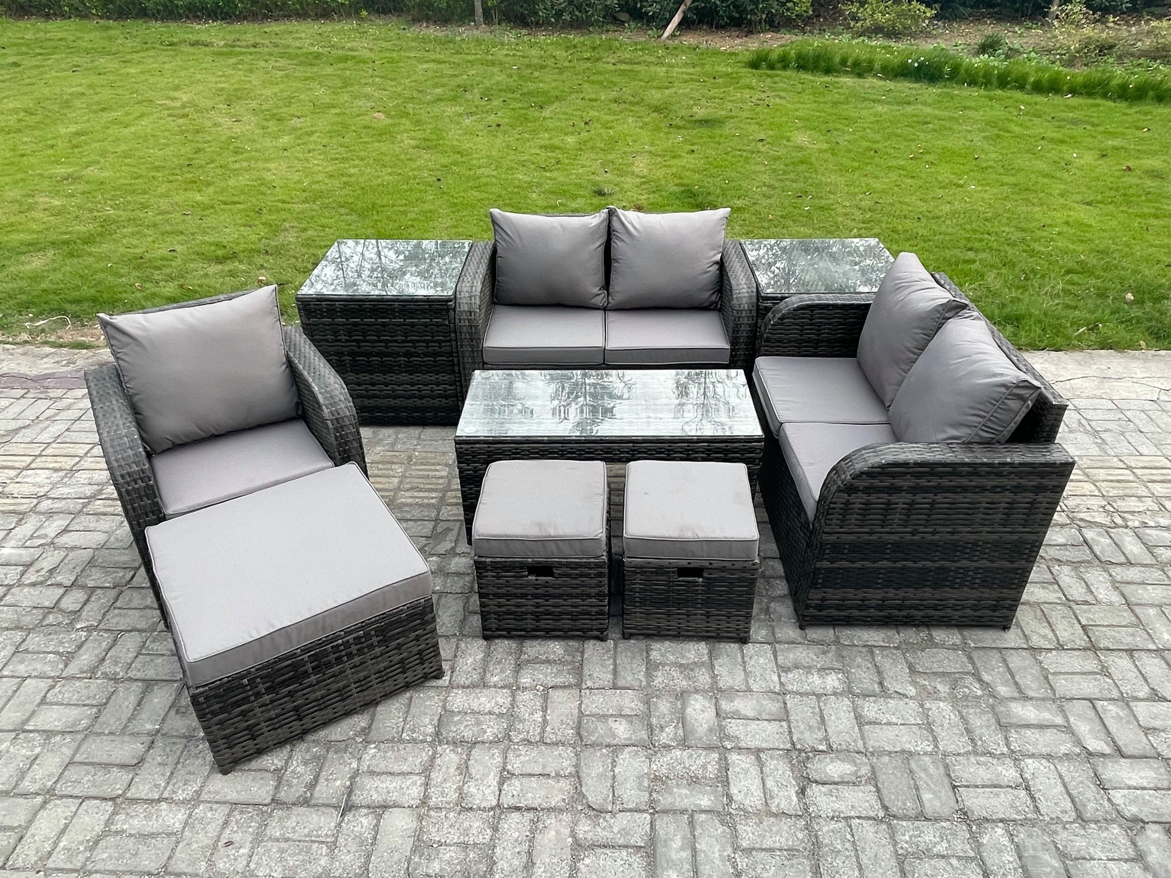 8 Seater Rattan Outdoor Garden Furniture Sofa Set Patio Table & Chairs Set 2 Side Tables 3 Footstools Dark Grey Mixed