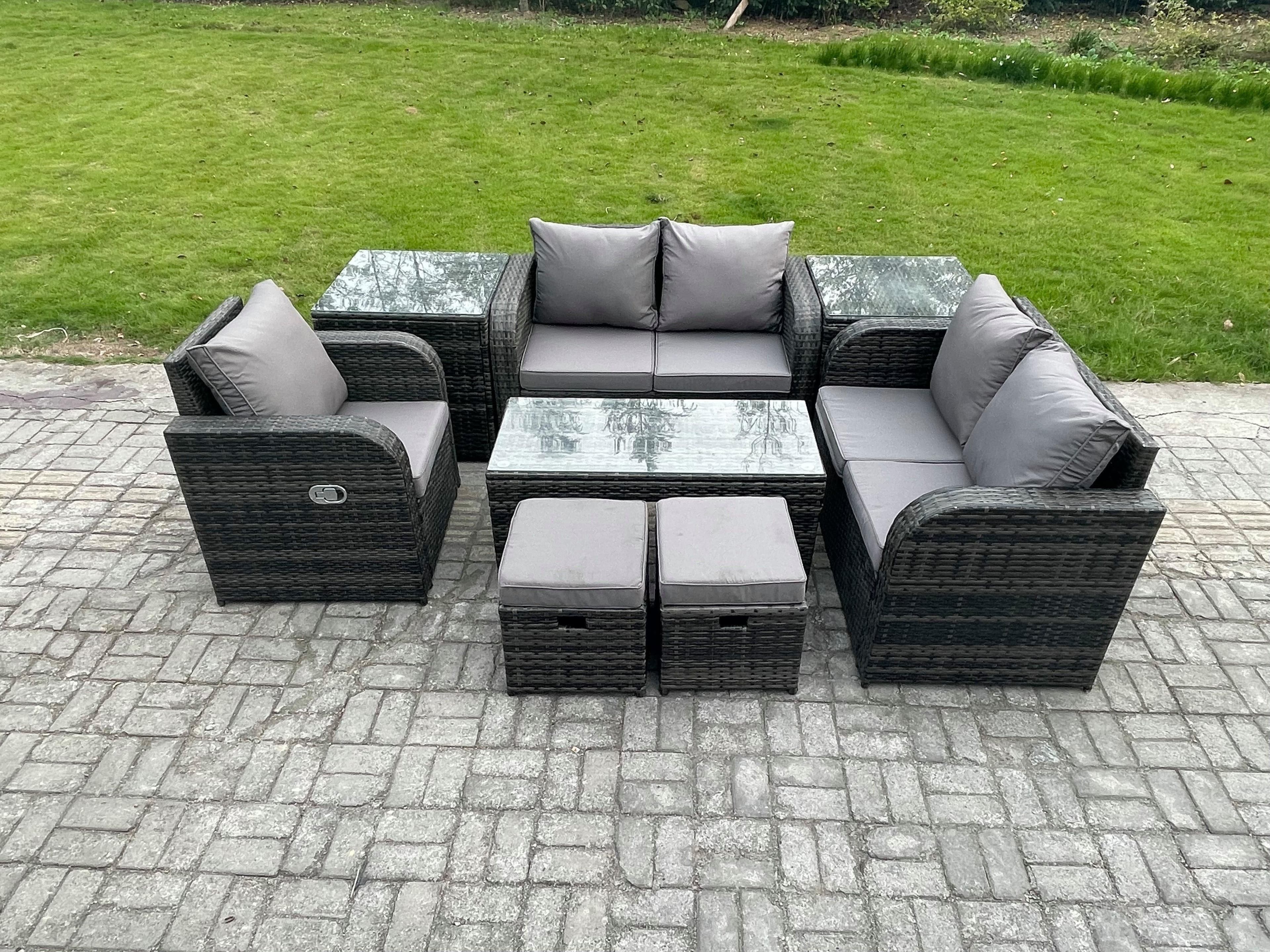 7 Seater Rattan Outdoor Garden Furniture Sofa Set Patio Table & Chairs Set 2 Side Tables 2 Small Footstools Dark Grey Mixed