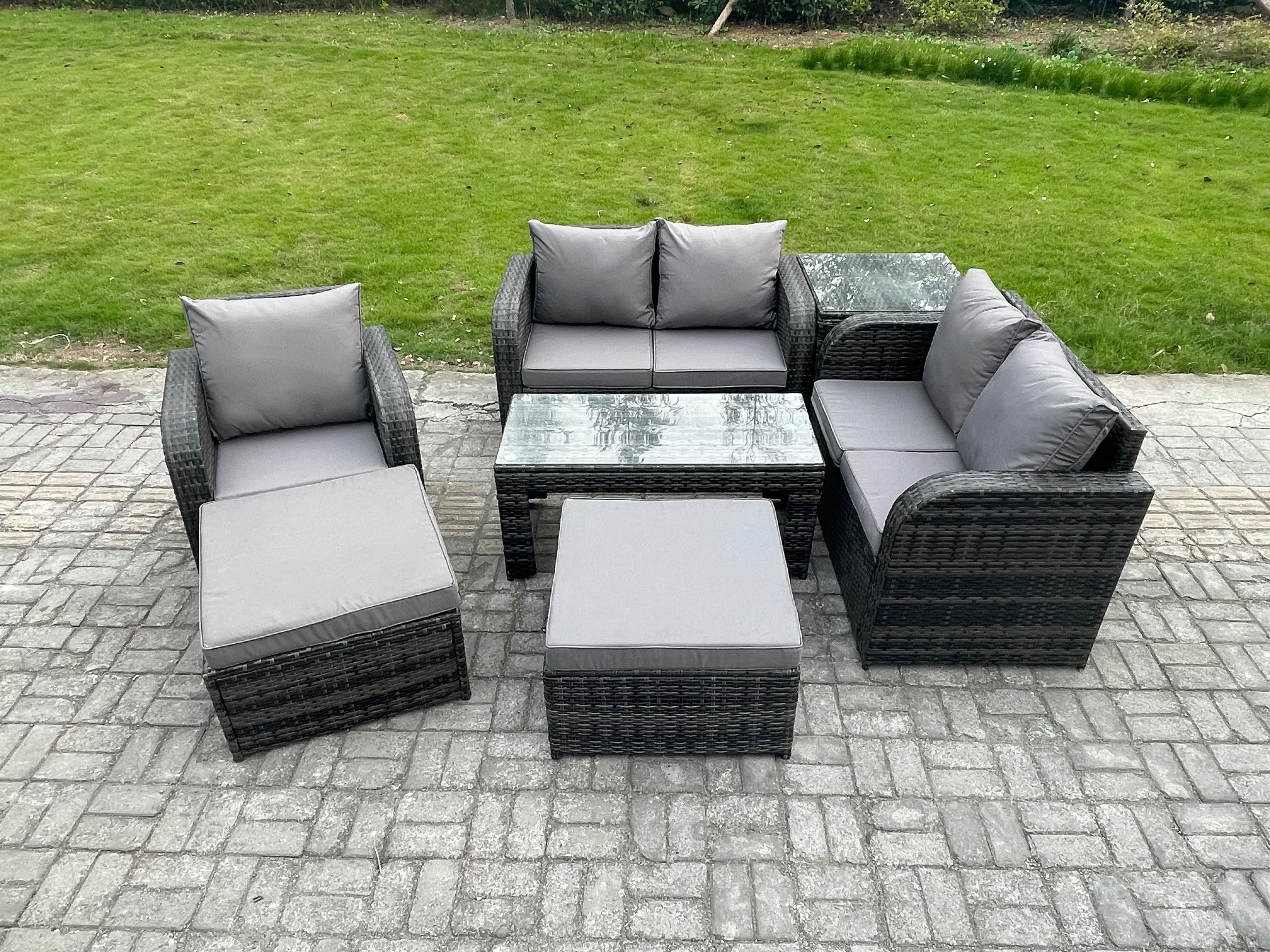 7 Pcs Rattan Outdoor Garden Furniture Sofa Set Patio Table & Chairs Set Side Table 2 Big Footstool Dark Grey Mixed
