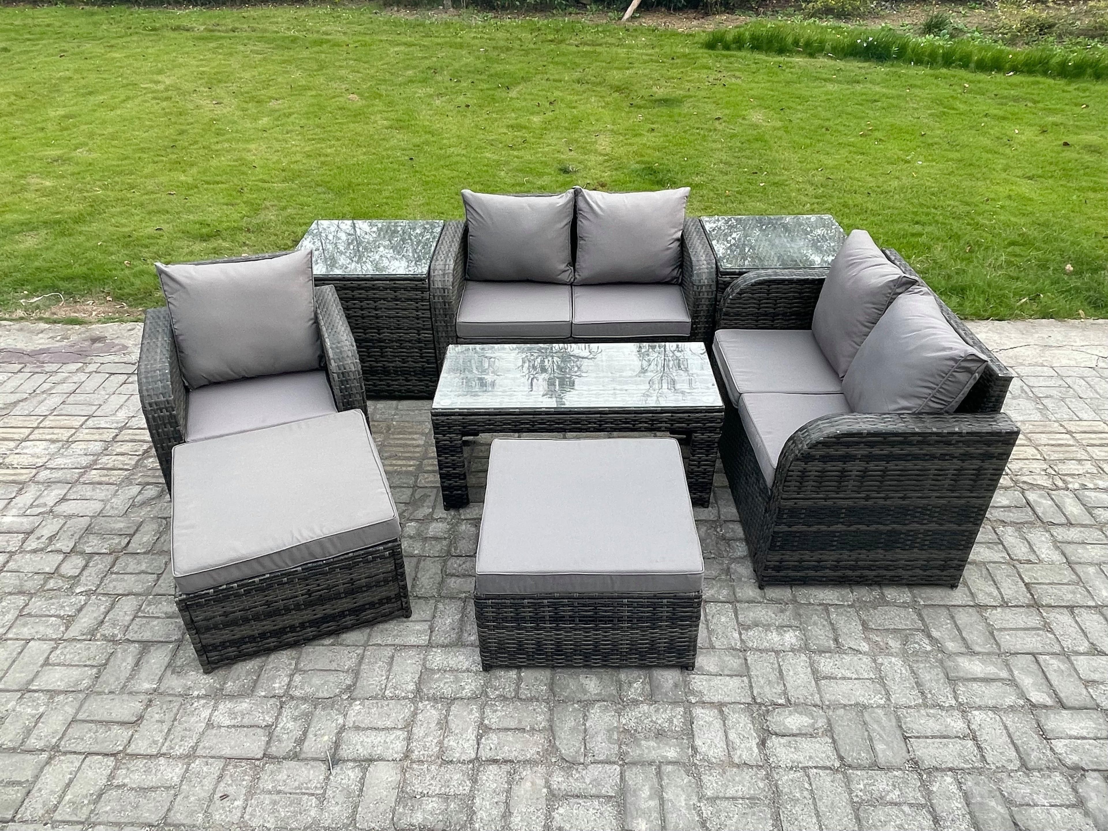 8 Pcs Rattan Outdoor Garden Furniture Sofa Set Patio Table & Chairs Set 2 Side Tables 2 Big Footstool Dark Grey Mixed