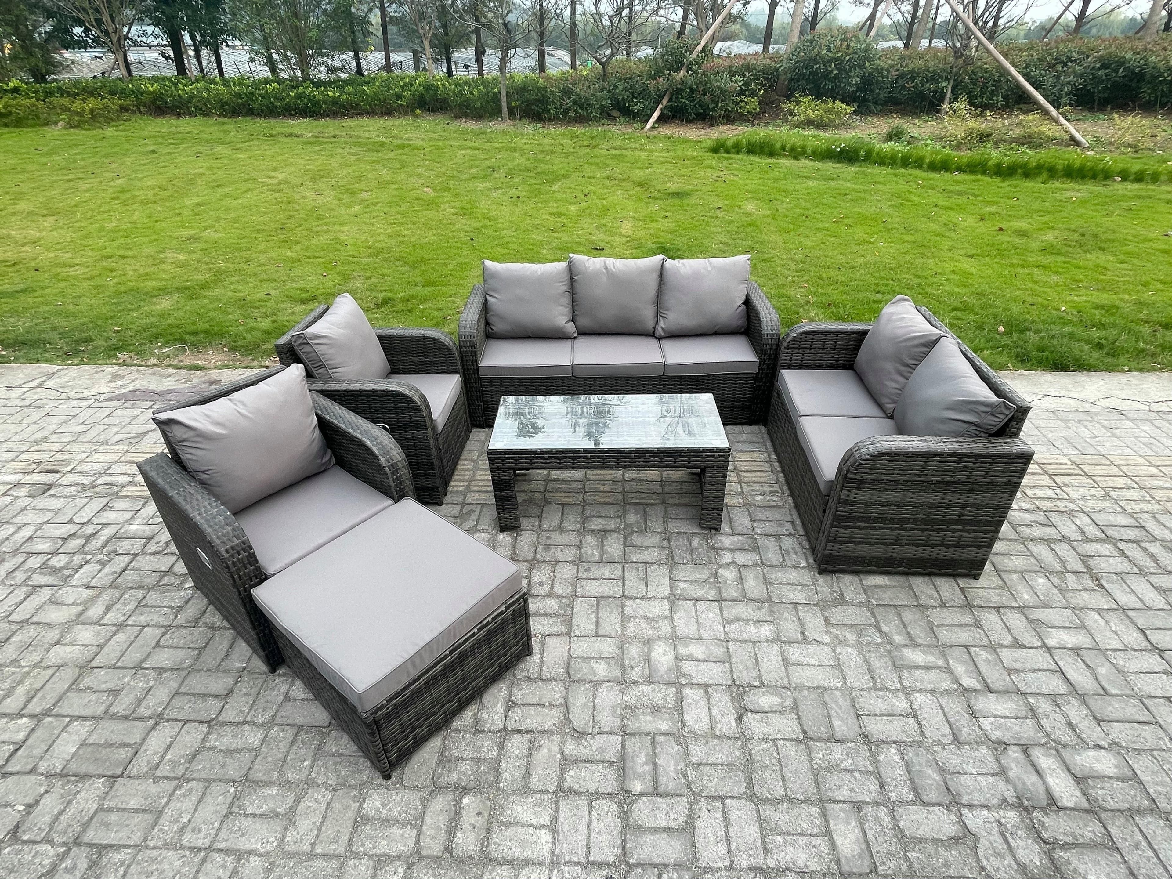 8 Seater Outdoor Rattan Garden Furniture Set Patio Lounge Sofa Set Rectangular Coffee Table Big Footstool Dark Grey Mixed