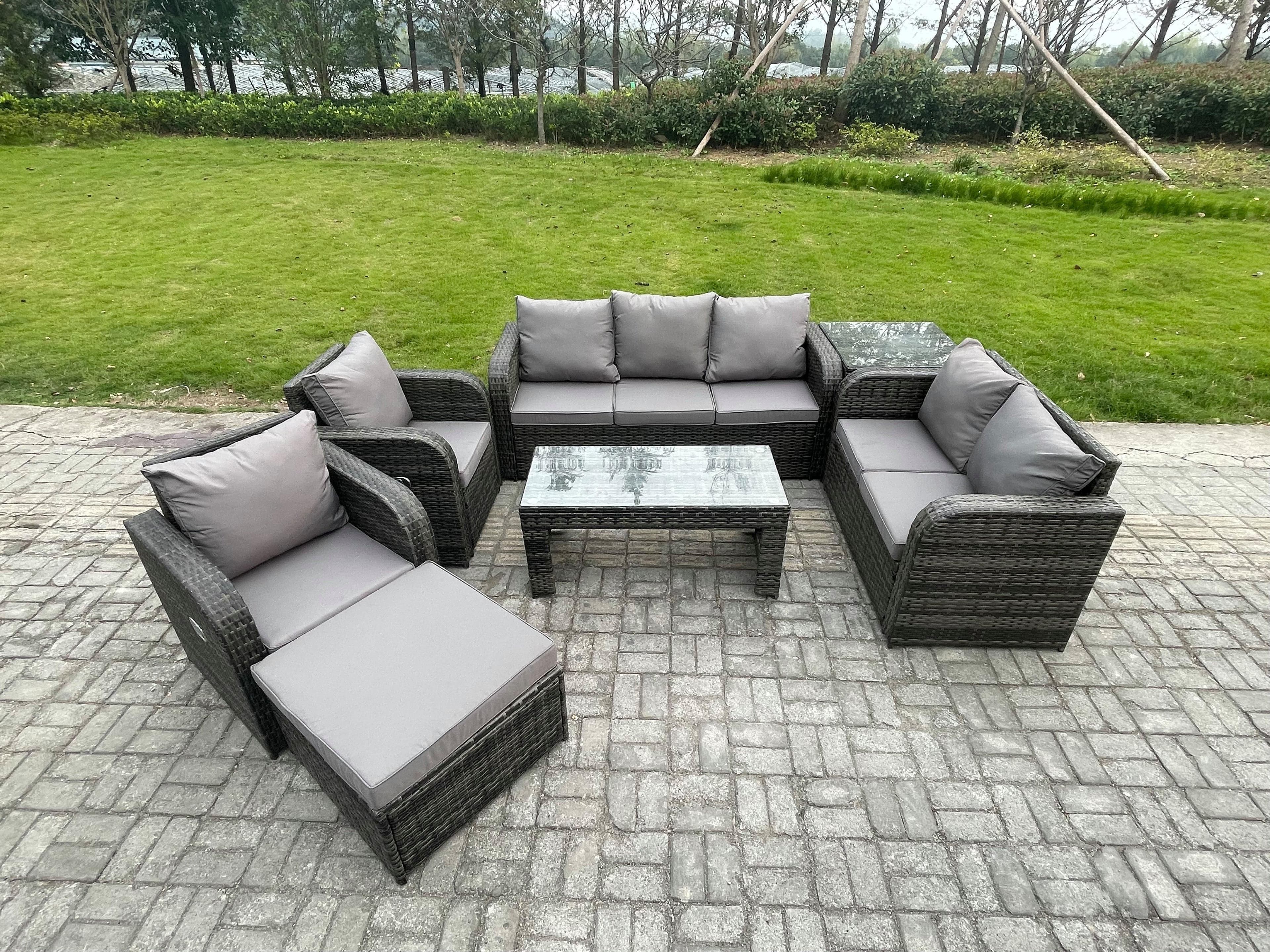 8 Seater Outdoor Rattan Garden Furniture Set Patio Lounge Sofa Set Rectangular Coffee Table Big Footstool Side Table Dark Grey Mixed