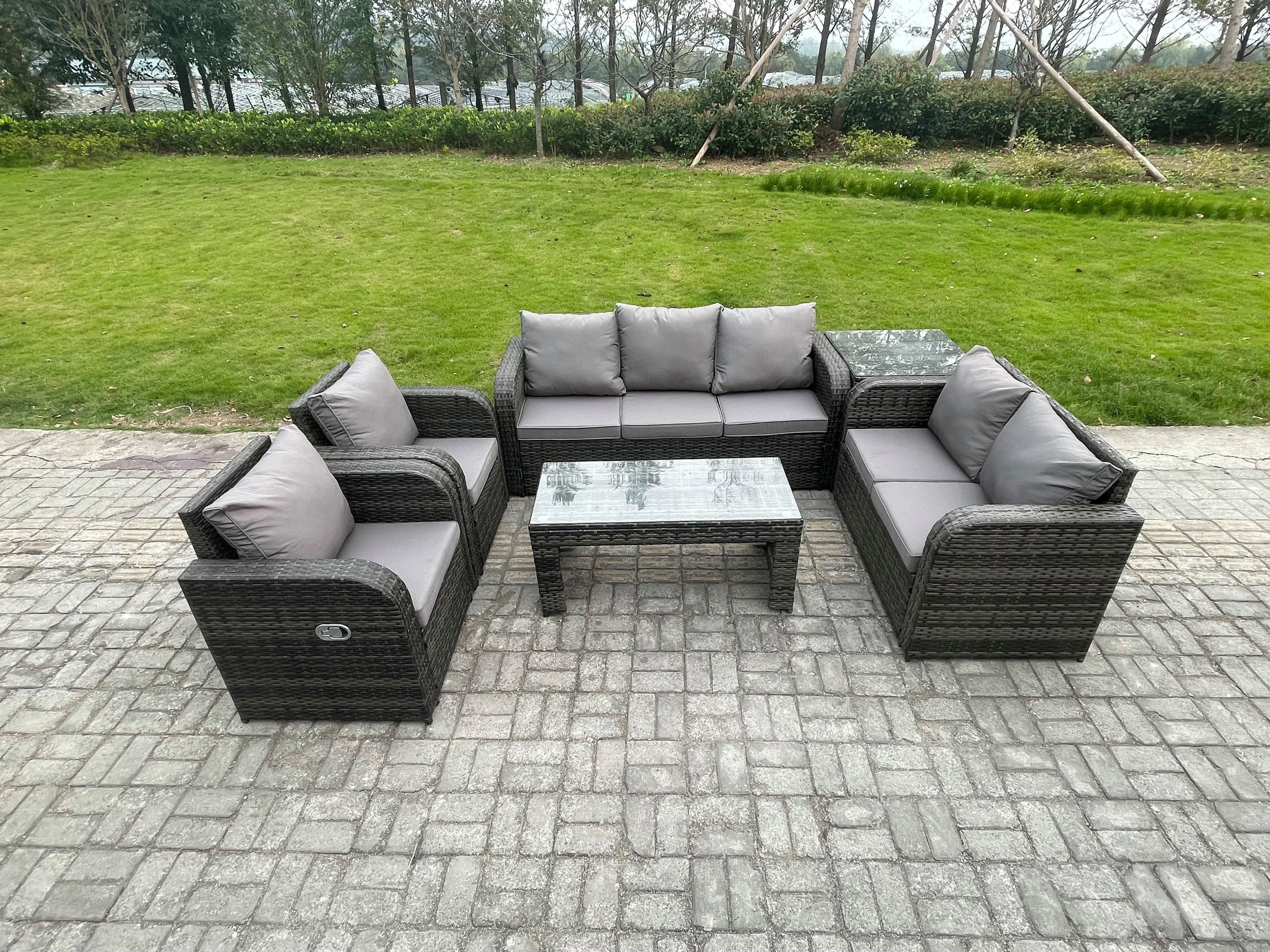 7 Seater Outdoor Rattan Garden Furniture Set Patio Lounge Sofa Set Rectangular Coffee Table Side Table Dark Grey Mixed