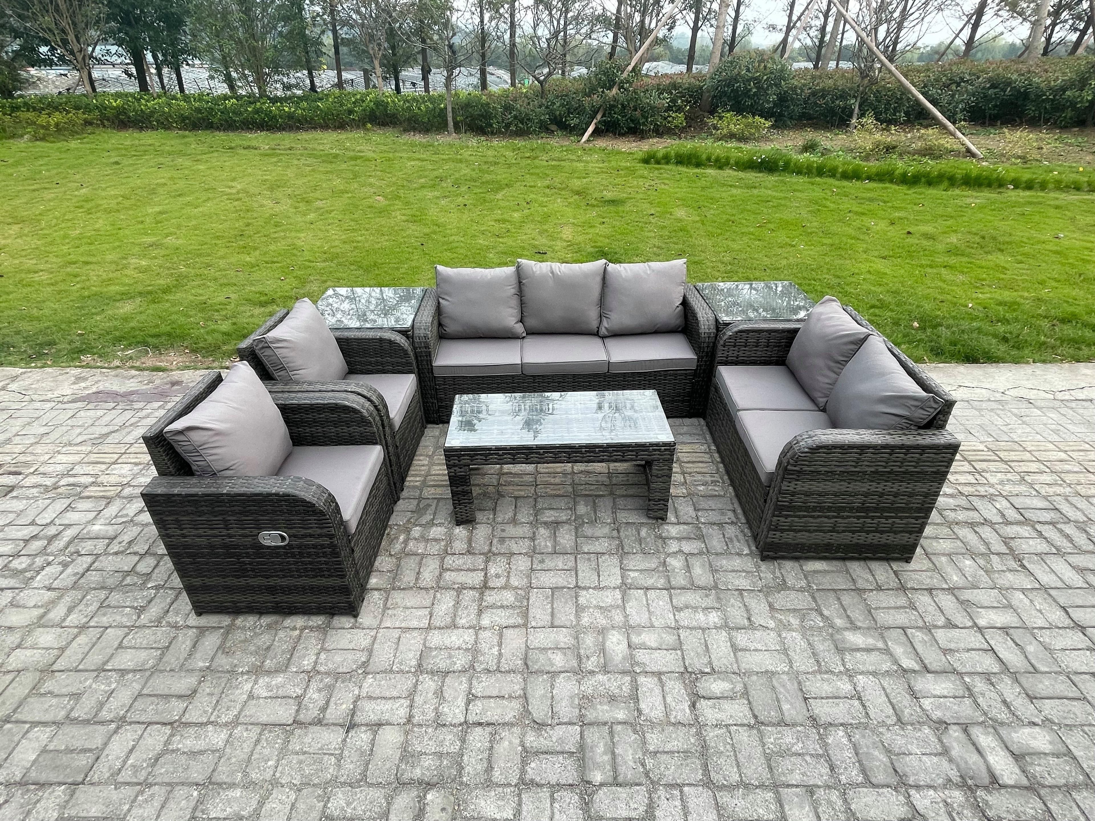 Outdoor Rattan Garden Furniture Set Rattan Lounge Sofa Set Rectangular Coffee Table 2 Side Tables Dark Grey Mixed