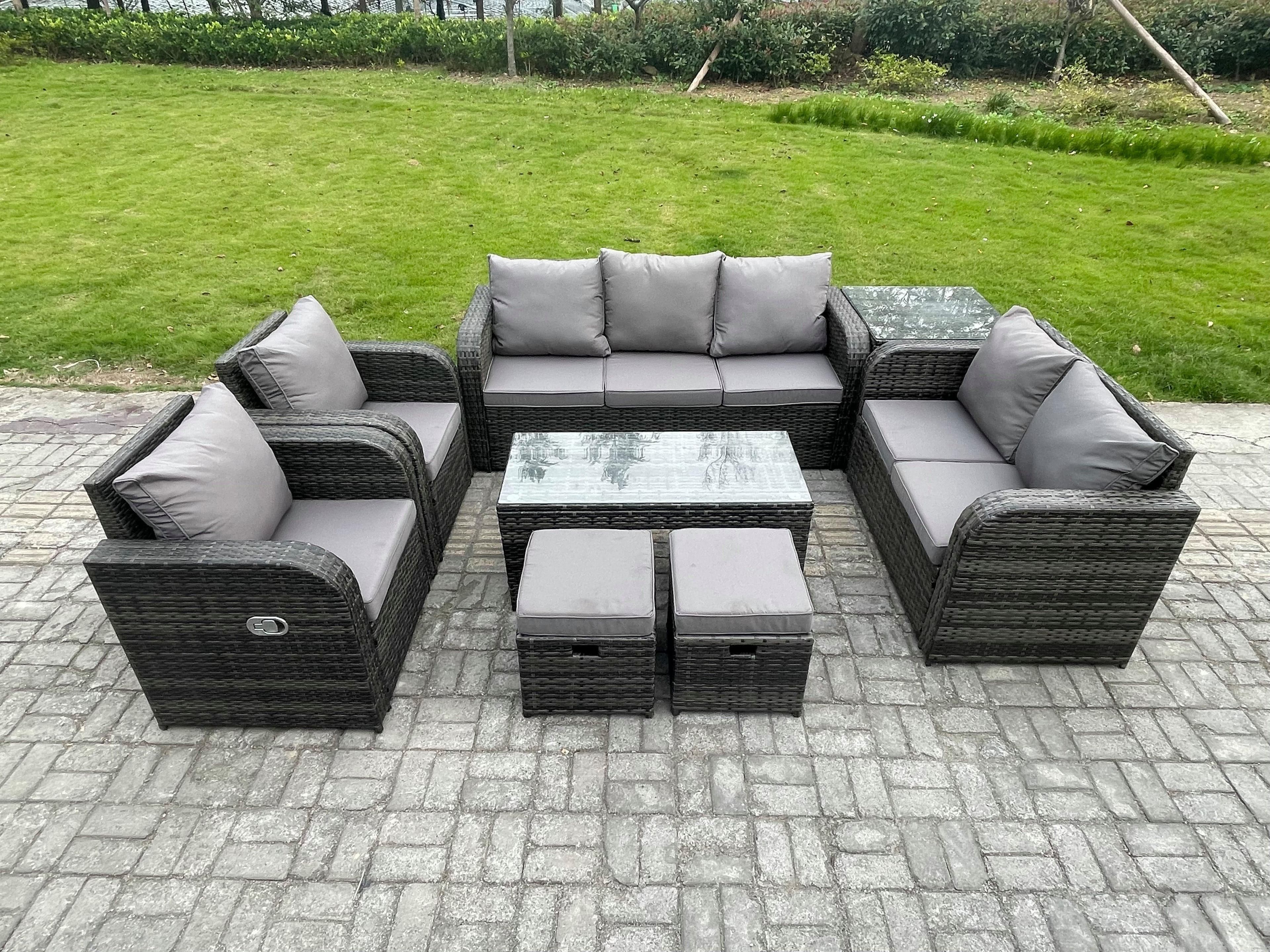 Outdoor Rattan Garden Furniture Set Rattan Lounge Sofa Set Rectangular Coffee Table Side Table 2 Small Footstools Dark Grey Mixed