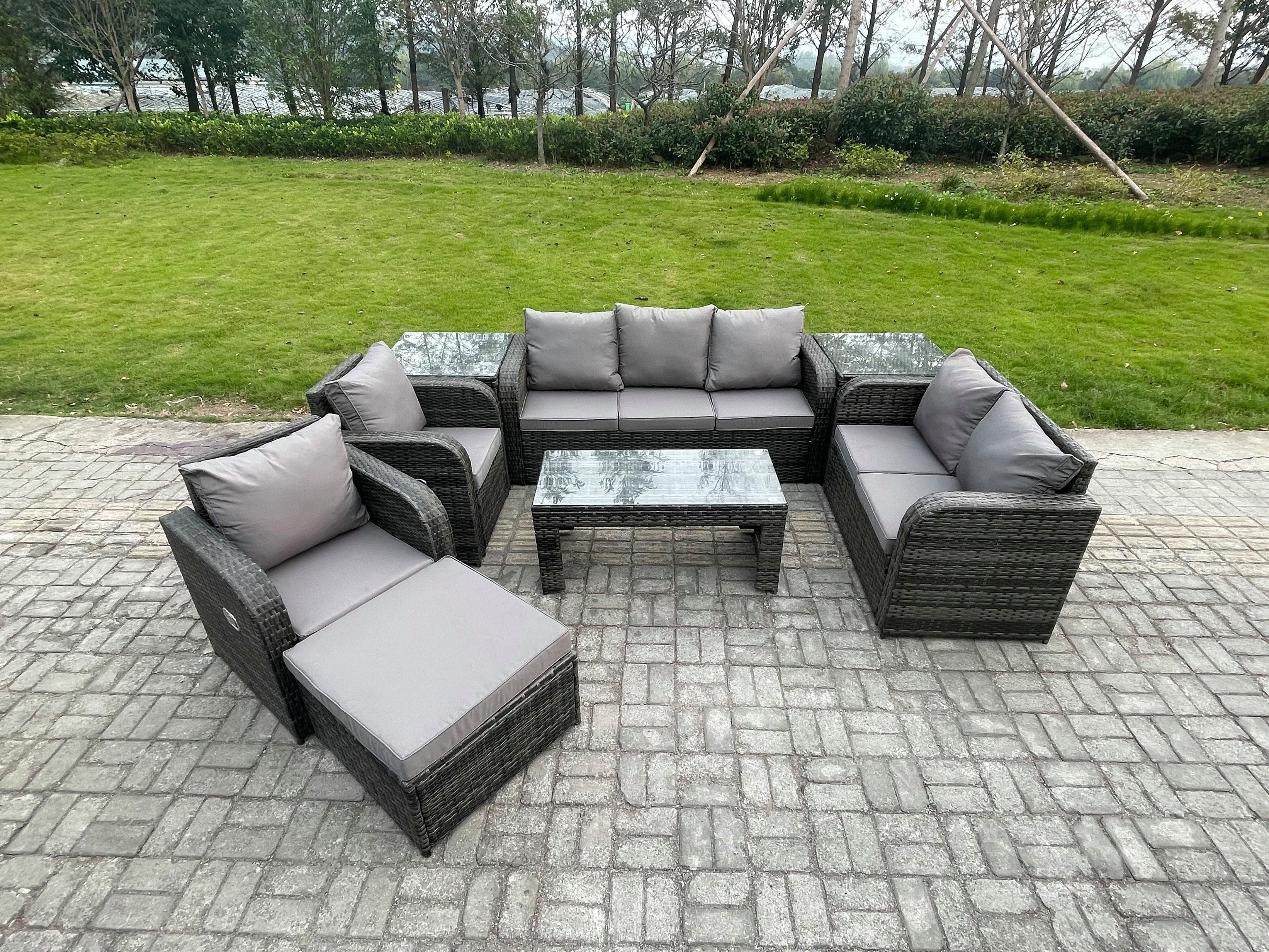 Outdoor Rattan Garden Furniture Set Rattan Lounge Sofa Set Rectangular Coffee Table 2 Side Tables Big Footstool Dark Grey Mixed