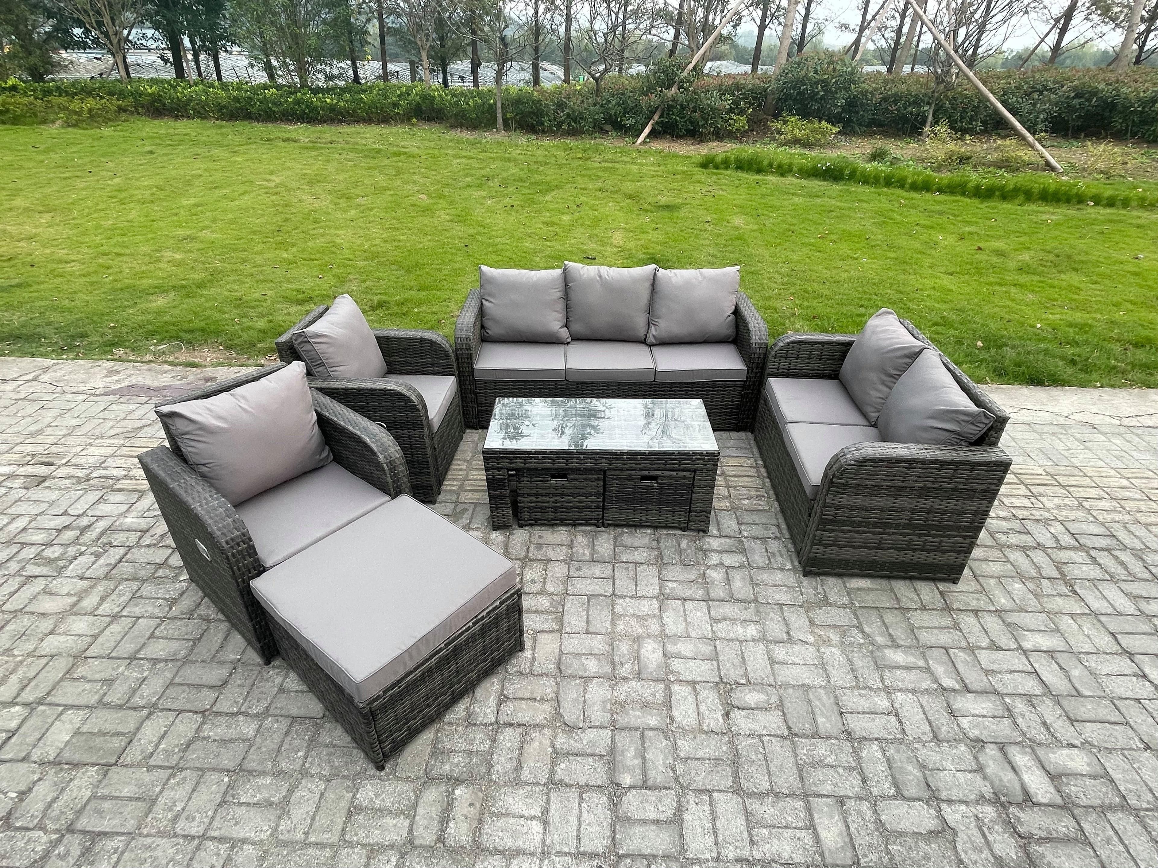 Outdoor Rattan Garden Furniture Set Rattan Lounge Sofa Set Rectangular Coffee Table 3 Footstools Dark Grey Mixed