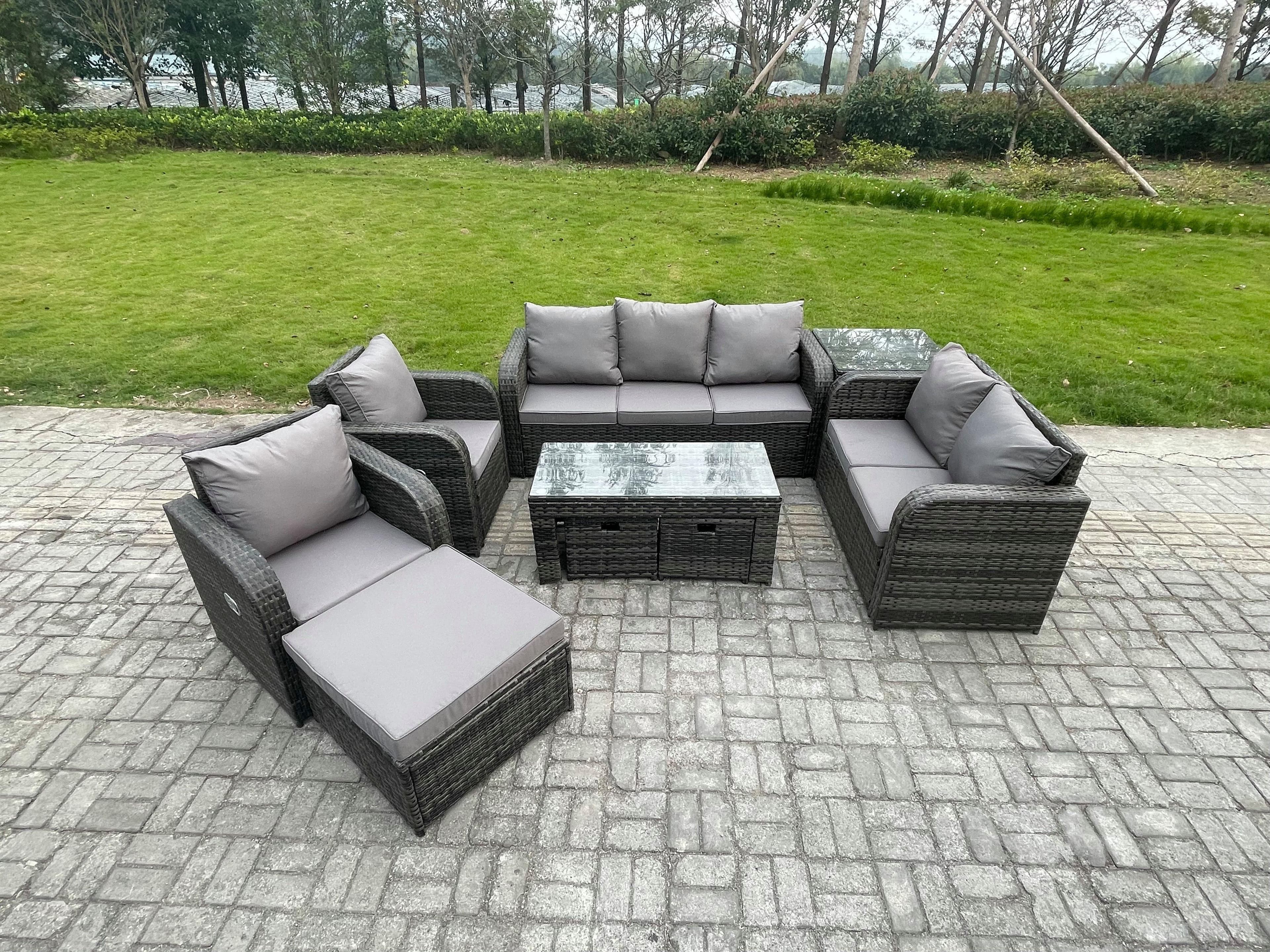 10 Seater Outdoor Rattan Garden Furniture Set Rattan Lounge Sofa Set Rectangular Coffee Table Side Table 3 Footstools Dark Grey Mixed