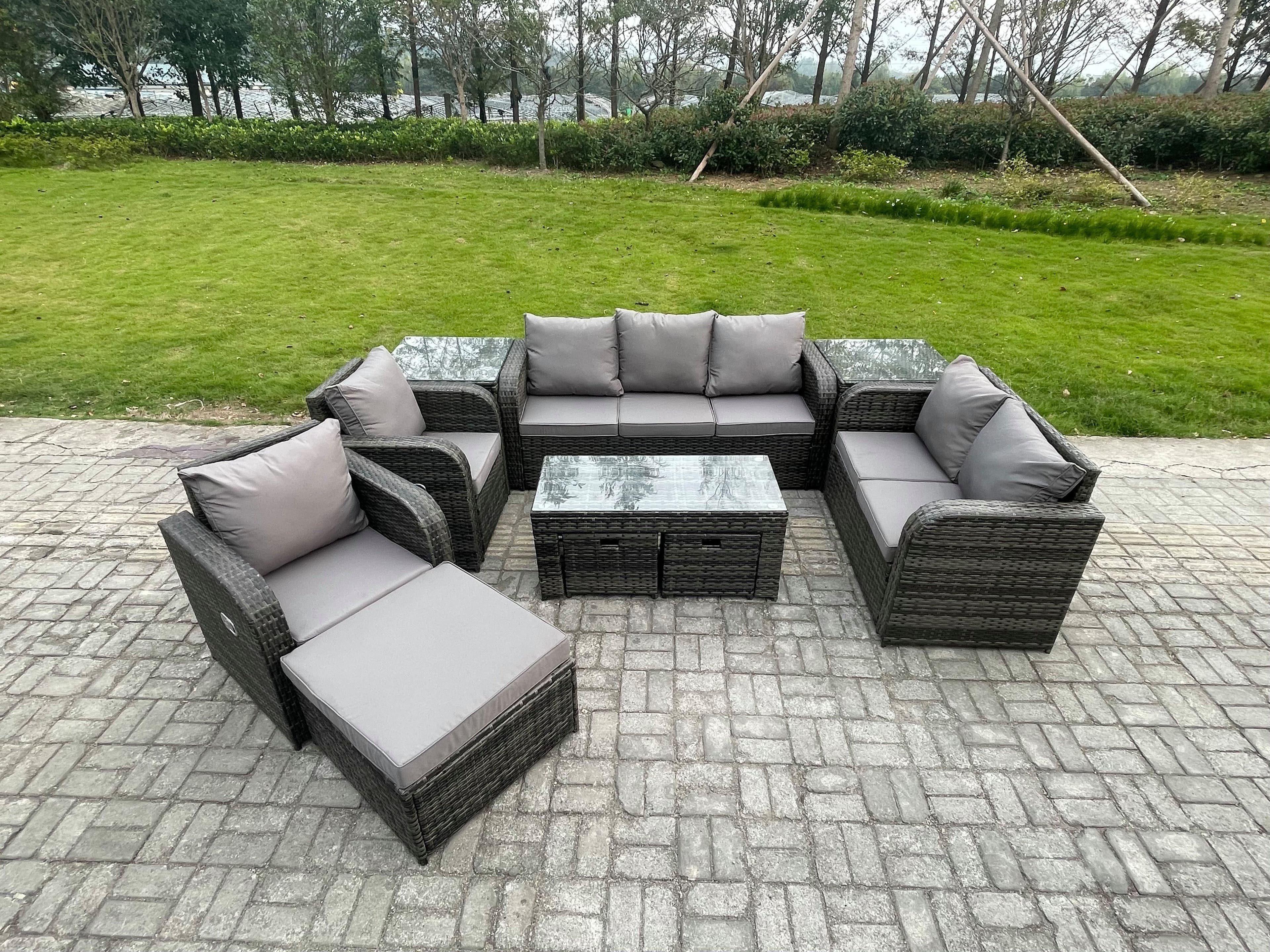10 Seater Outdoor Rattan Garden Furniture Set Rattan Lounge Sofa Set Rectangular Coffee Table 2 Side Tables 3 Footstools Dark Grey Mixed