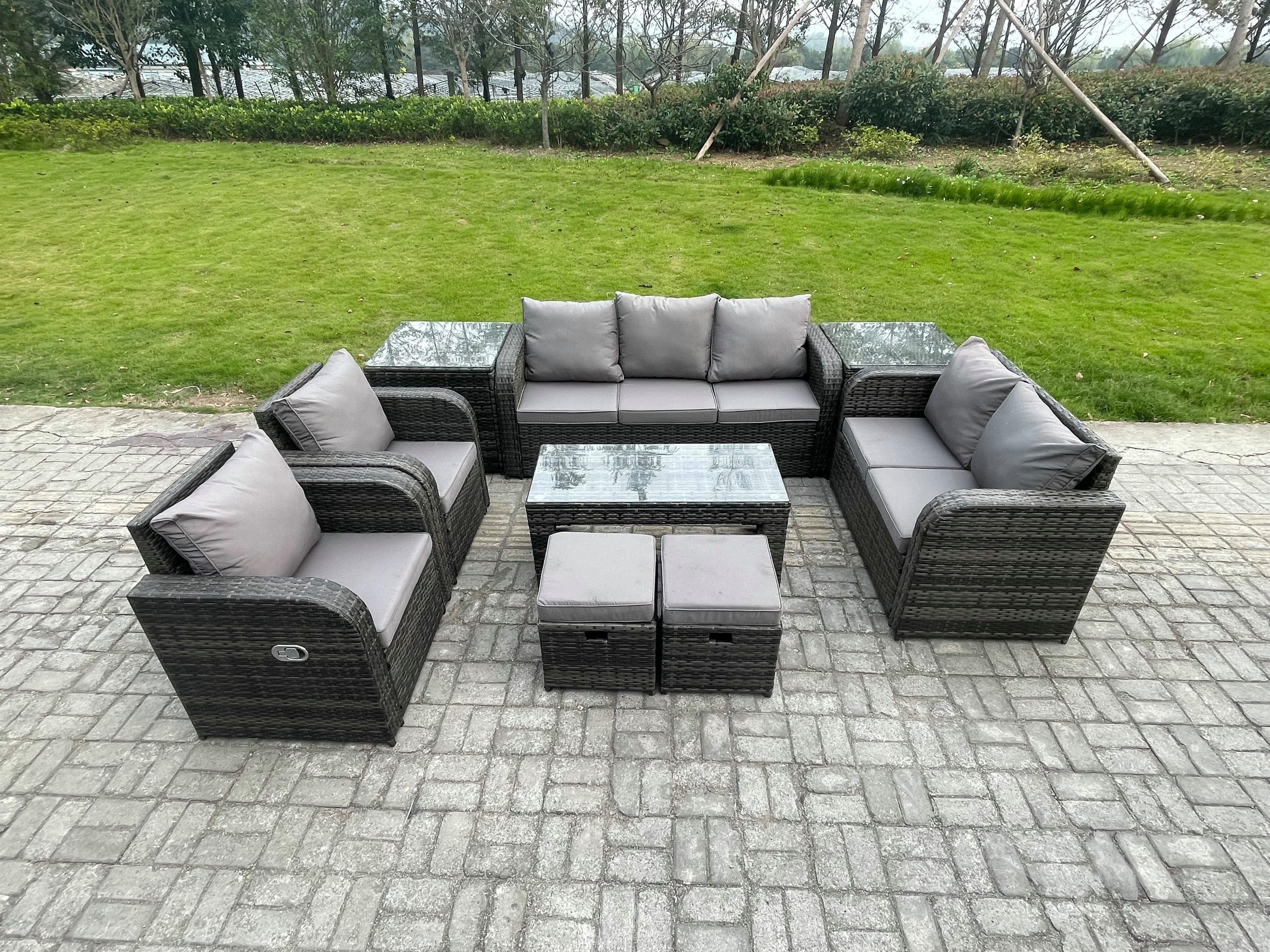 9 Seater Outdoor Rattan Garden Furniture Set Rattan Lounge Sofa Set Rectangular Coffee Table 2 Side Tables 2 Small Footstools