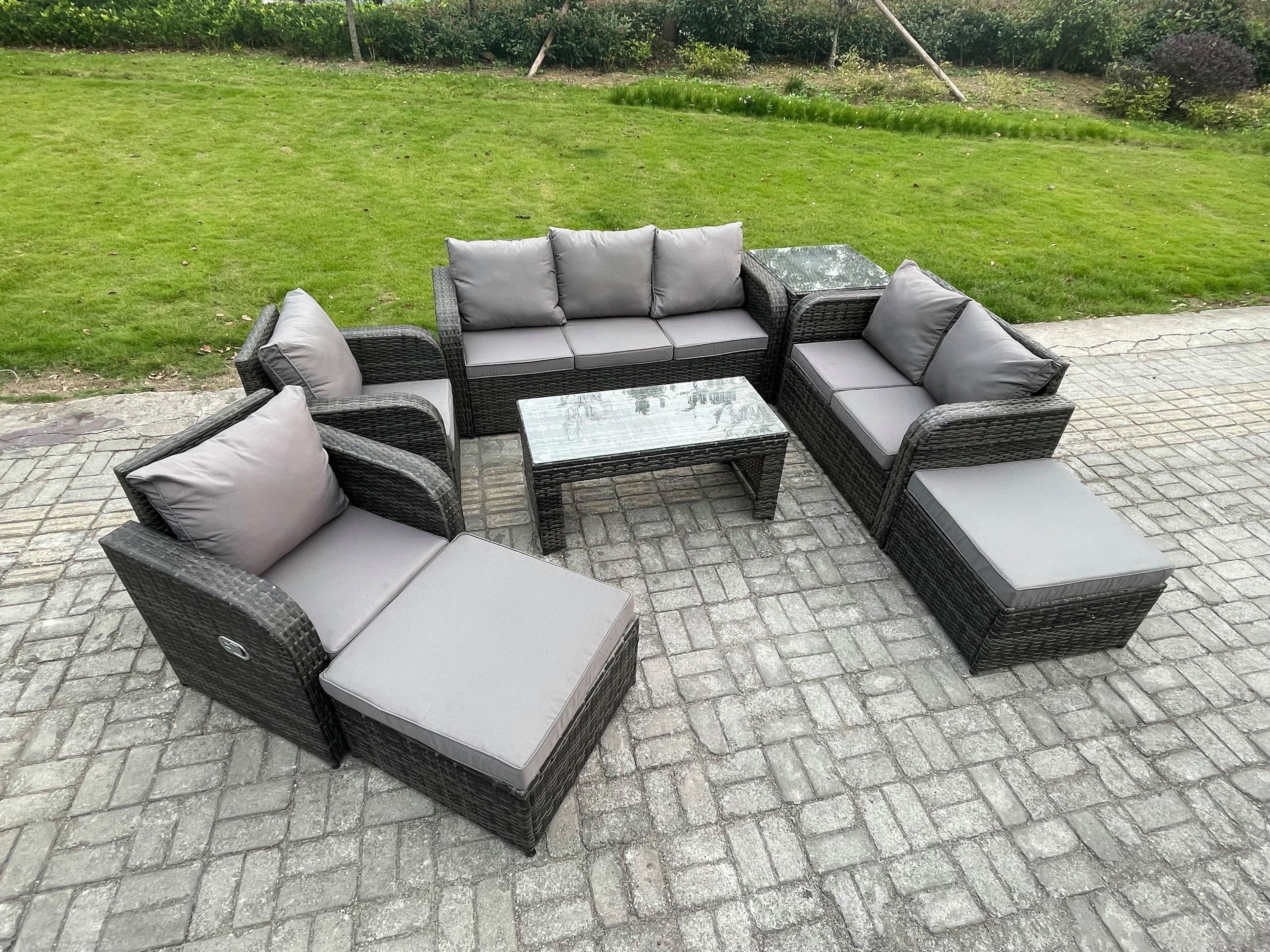 9 Seater Outdoor Rattan Garden Furniture Set Rattan Lounge Sofa Set Rectangular Coffee Table Side Table 2 Big Footstool Dark Grey Mixed