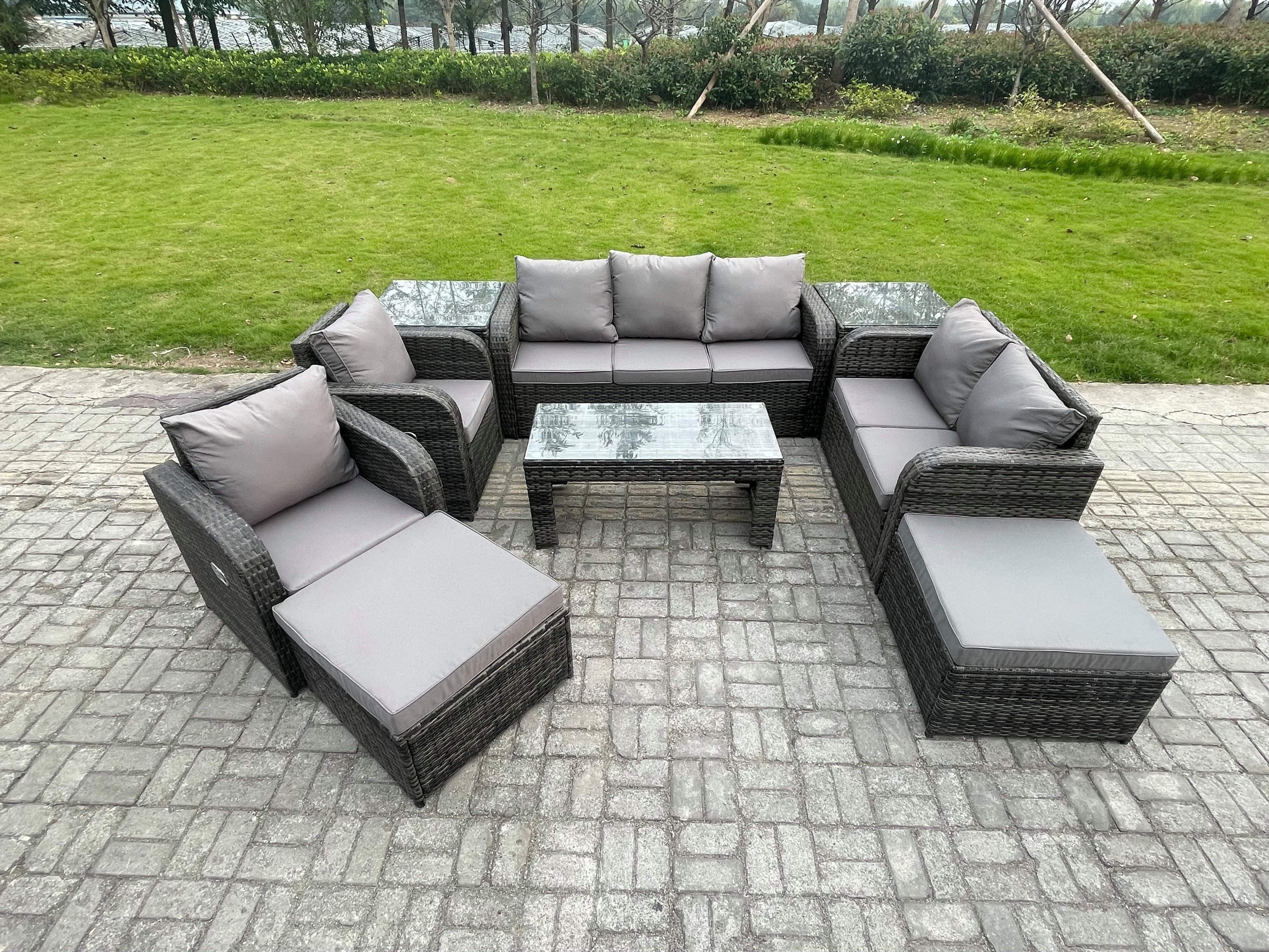 Outdoor Rattan Garden Furniture Set Rattan Lounge Sofa Set Rectangular Coffee Table 2 Side Tables 2 Big Footstool Dark Grey Mixed