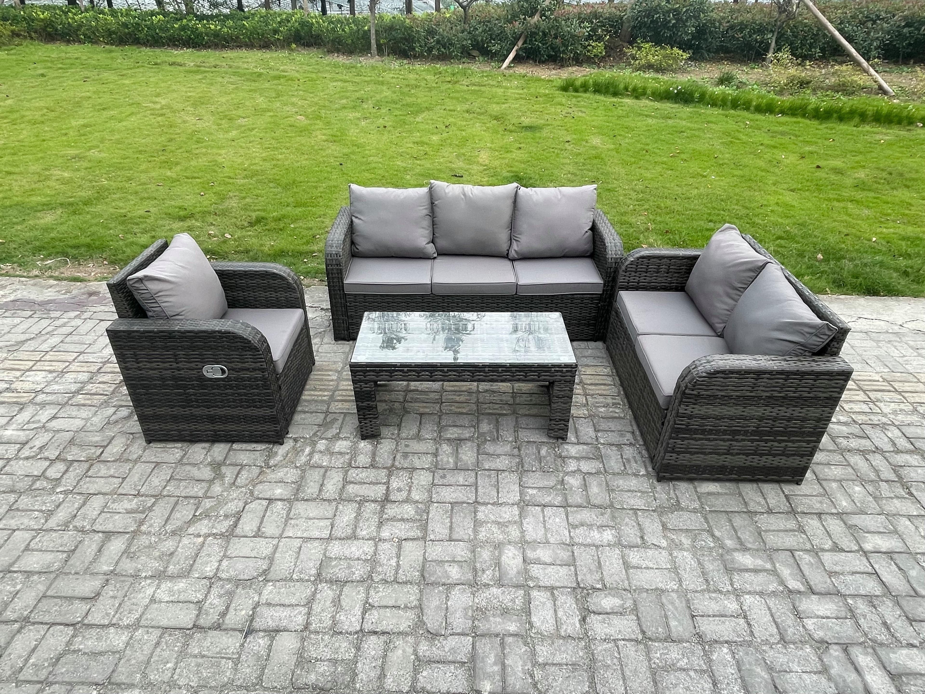 6 Seater Outdoor Rattan Garden Furniture Set Rattan Lounge Sofa Set Rectangular Coffee Table Reclining Chair Dark Grey Mixed