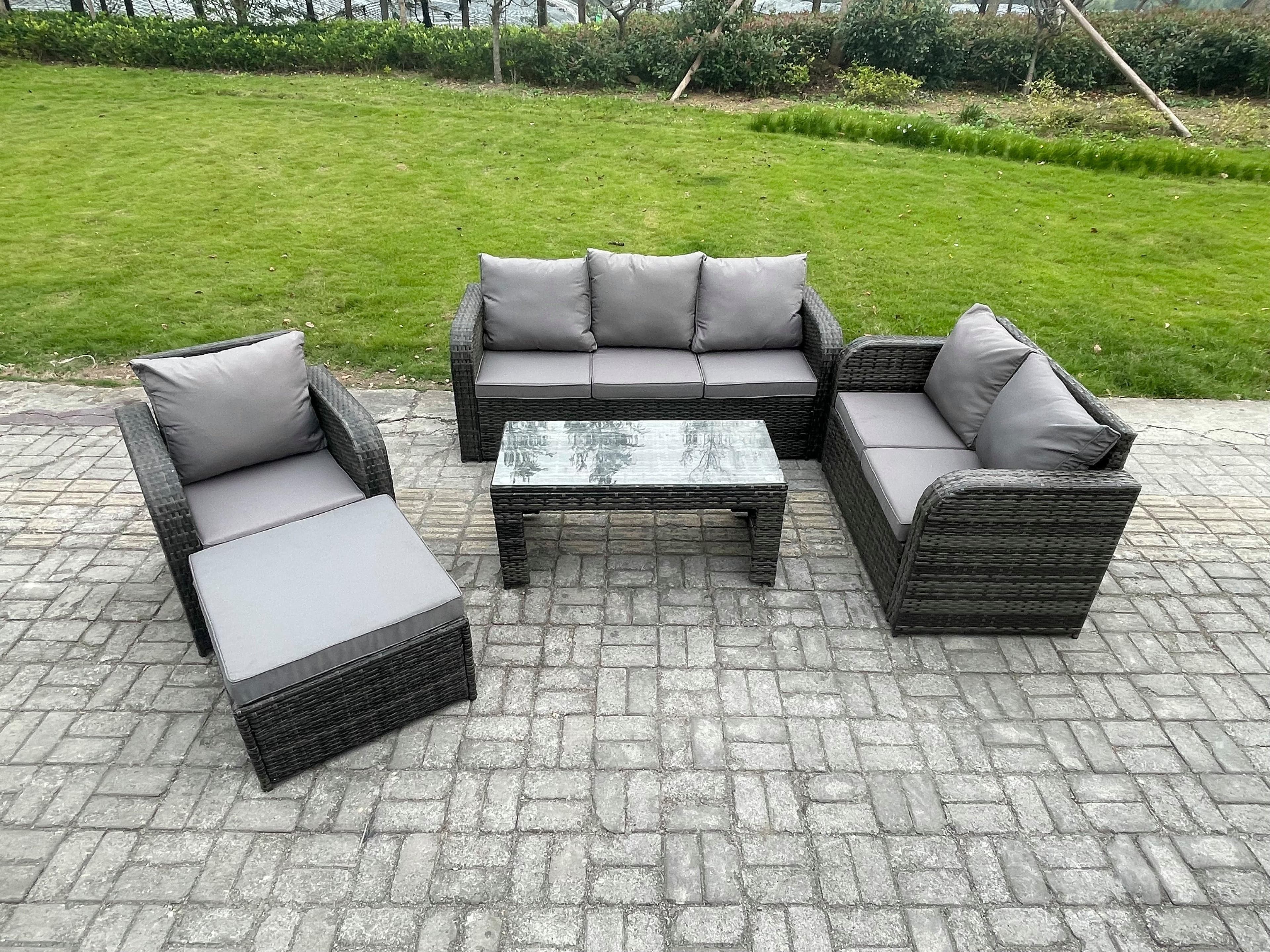 7 Seater Outdoor Rattan Garden Furniture Set Rattan Lounge Sofa Set Rectangular Coffee Table Reclining Chair Big Footstool