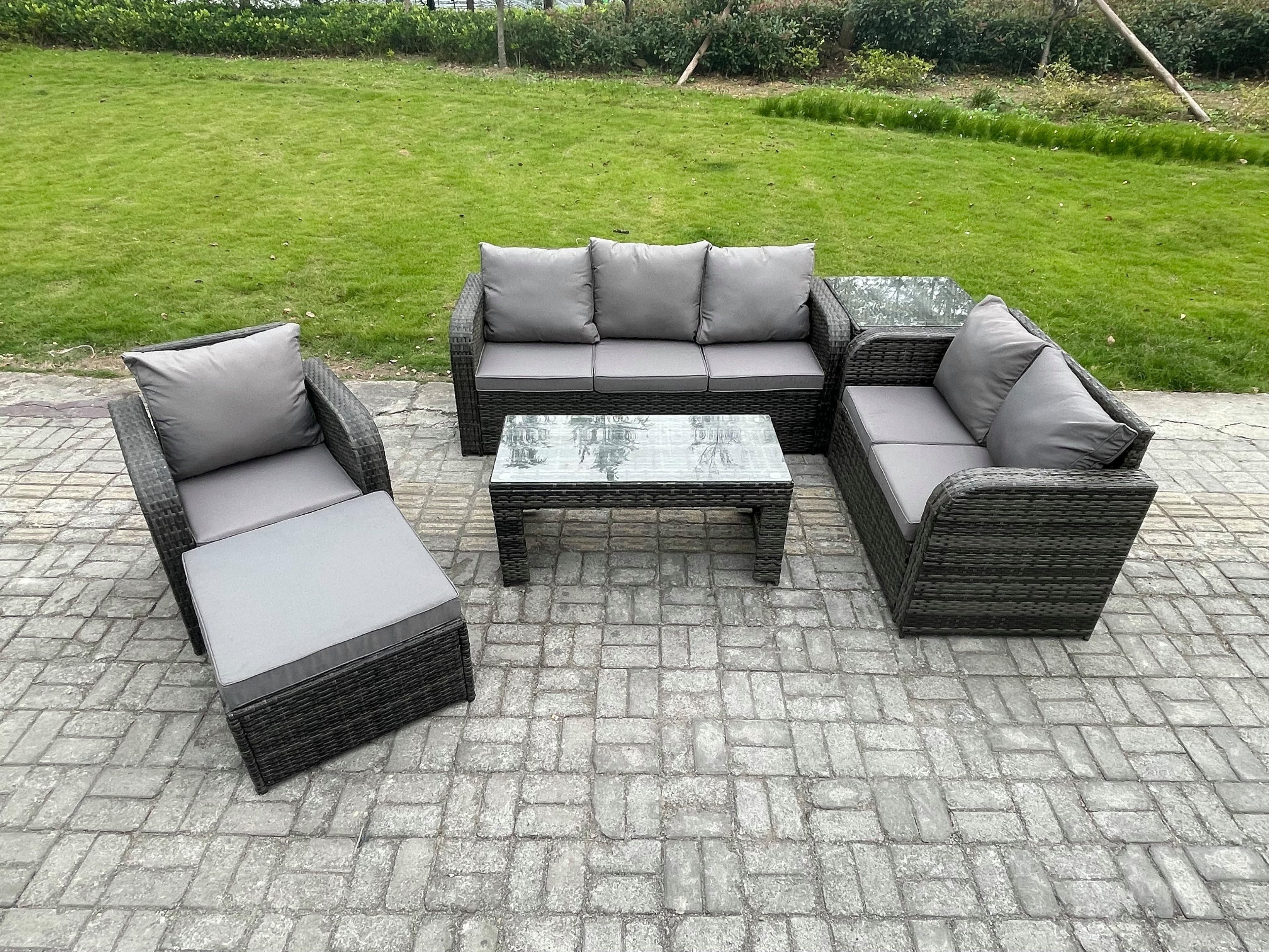 7 Seater Outdoor Rattan Garden Furniture Set Rattan Lounge Sofa Set Rectangular Coffee Table Reclining Chair Big Footstool Side Table