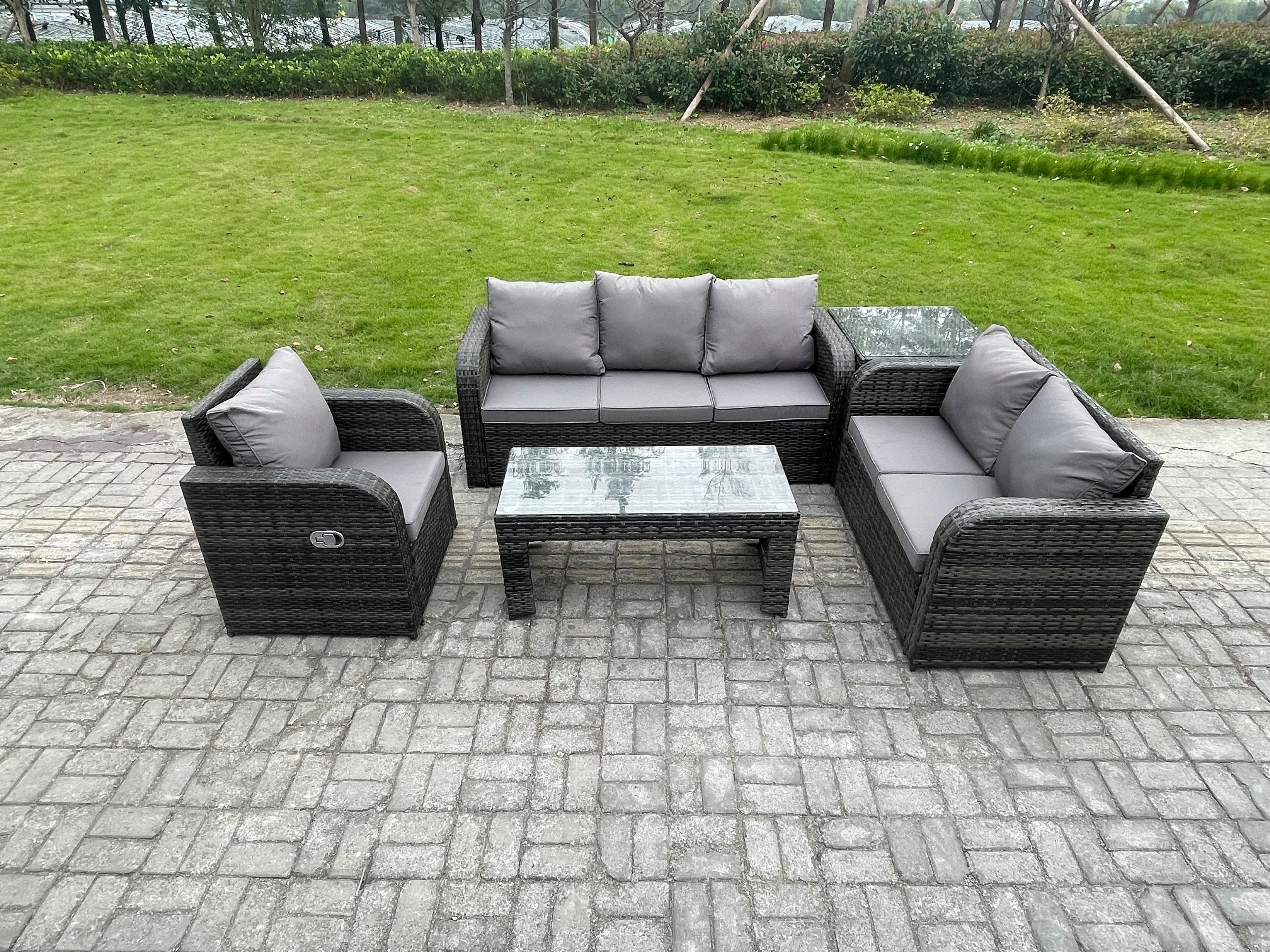 6 Seater High Back Rattan Garden Furniture Set Loveseat Sofa Rectangular Coffee Table Side Table Indoor Outdoor Patio Lounge Sofa Set
