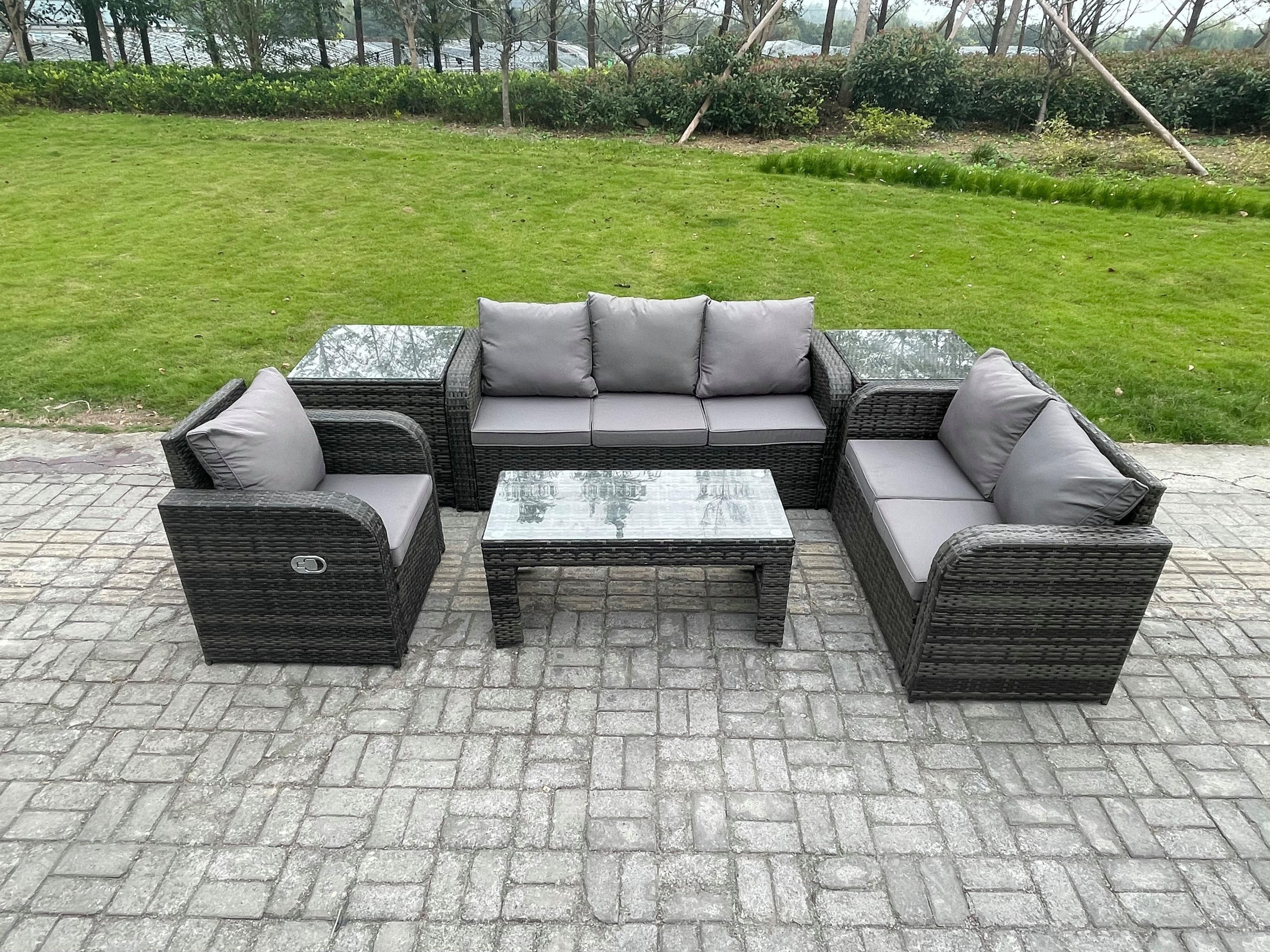 6 Seater High Back Rattan Garden Furniture Set Loveseat Sofa Rectangular Coffee Table 2 Side Tables Indoor Outdoor Patio Lounge Sofa Set