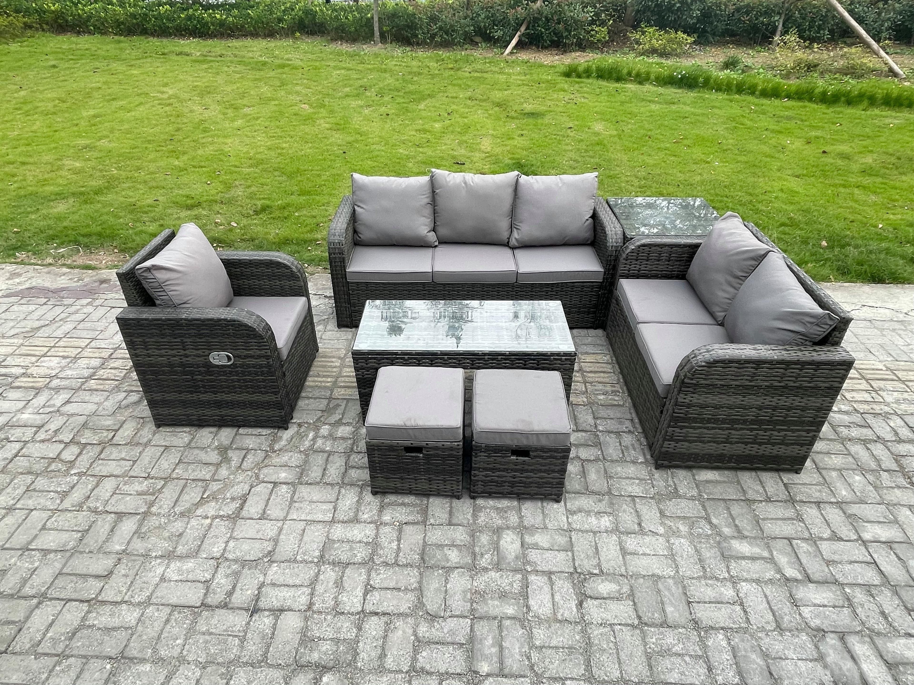 8 Seater High Back Rattan Garden Furniture Set Loveseat Sofa Rectangular Coffee Table Side Table Indoor Outdoor Patio Lounge Sofa Set