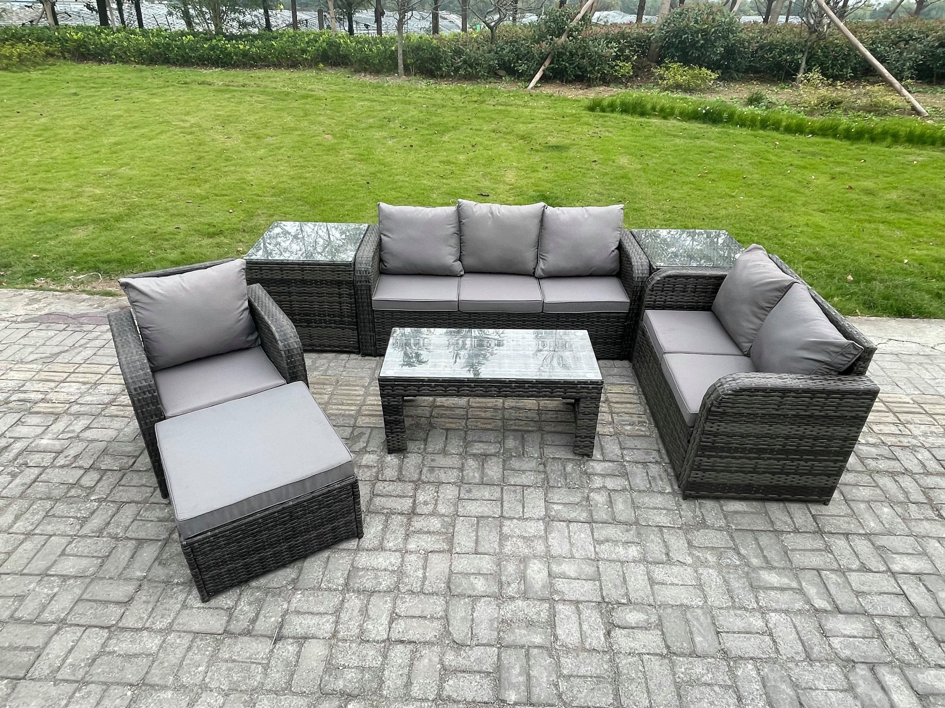 7 Seater High Back Rattan Garden Furniture Set Loveseat Sofa Rectangular Coffee Table 2 Side Tables Indoor Outdoor Patio Lounge Sofa Set