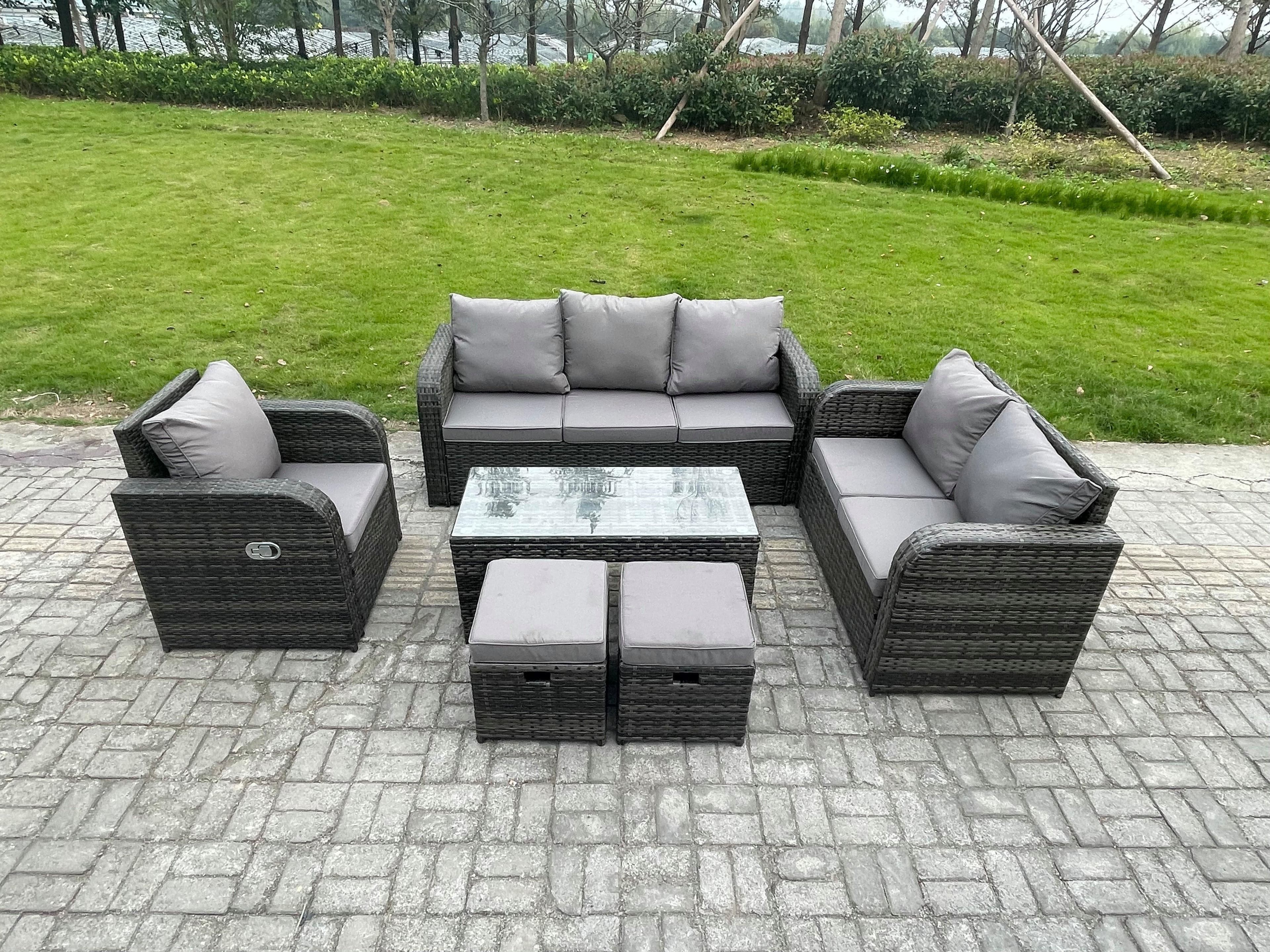8 Seater High Back Rattan Garden Furniture Set Loveseat Sofa Rectangular Coffee Table 2 Small Footstools Indoor Outdoor Patio Lounge Sofa Set