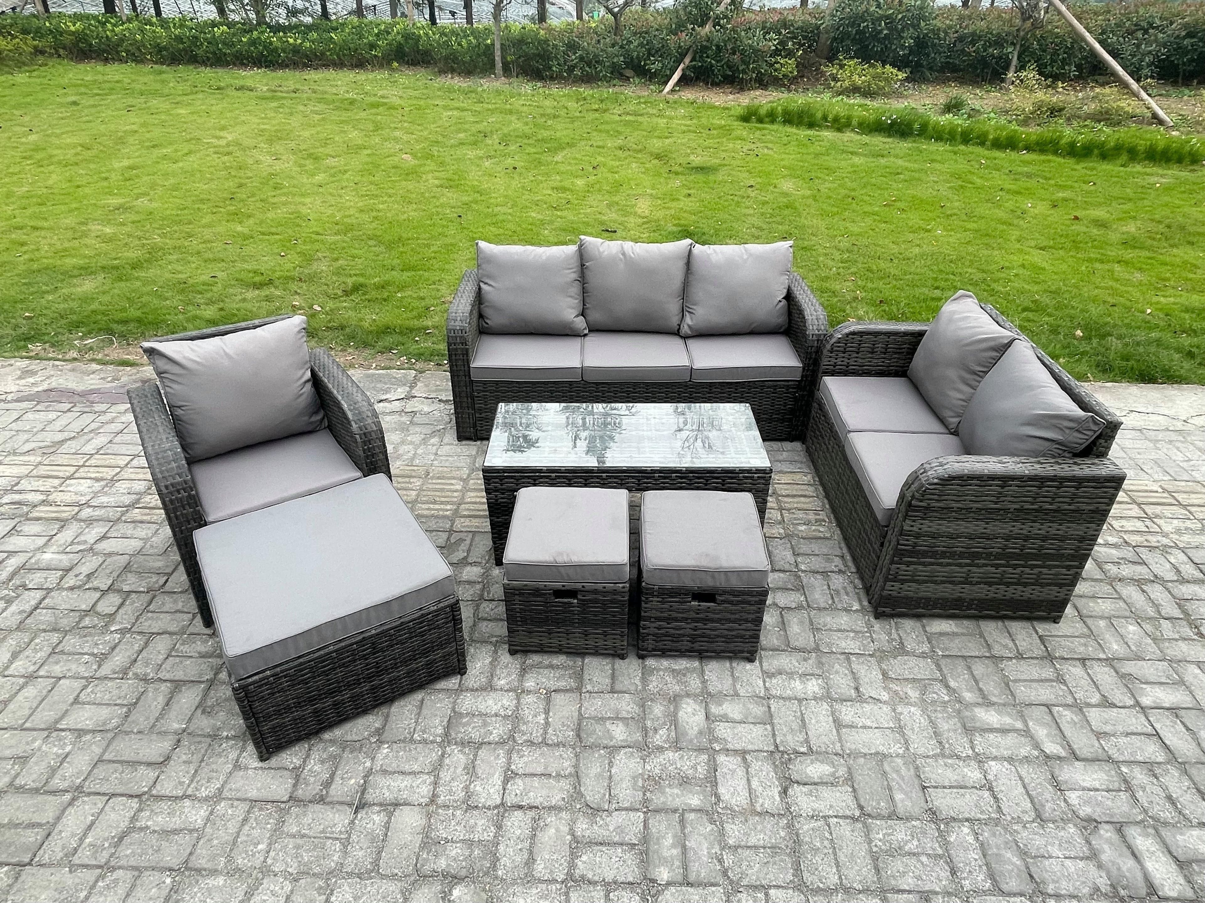 9 Seater High Back Rattan Garden Furniture Set Loveseat Sofa Rectangular Coffee Table 3 Footstools Indoor Outdoor Patio Lounge Sofa Set