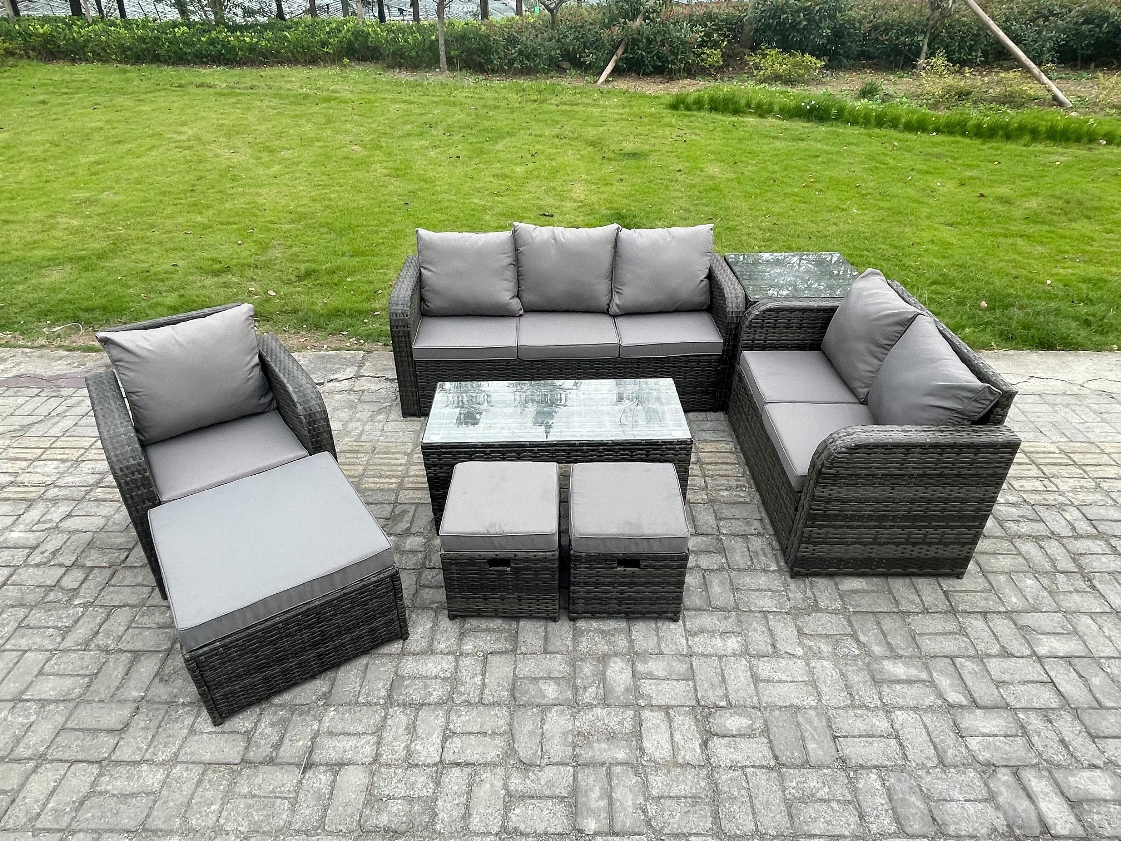 9 Seater High Back Rattan Garden Furniture Set Loveseat Sofa Rectangular Coffee Table Side Table 3 Footstools Outdoor Patio Lounge Sofa Set