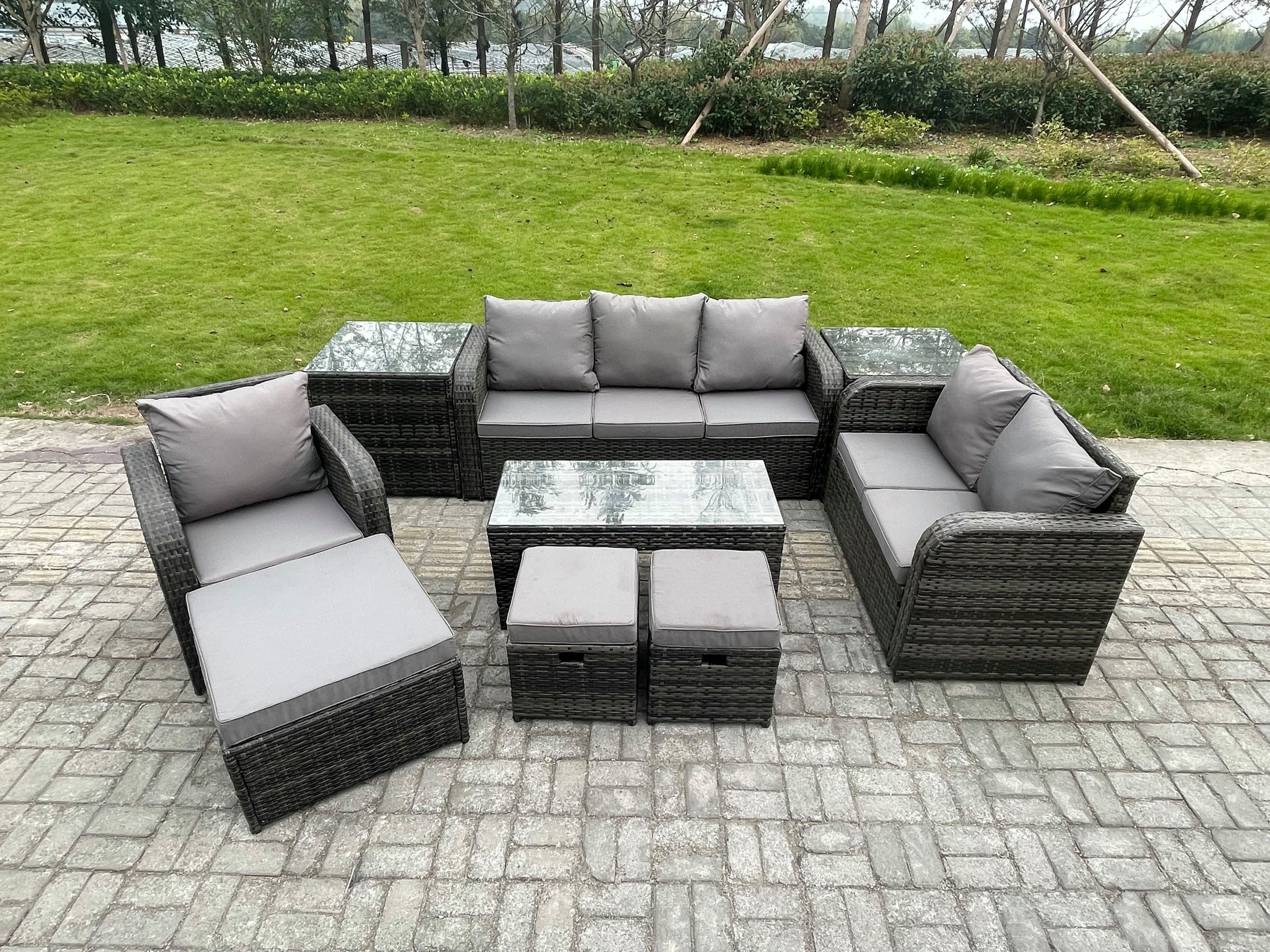 High Back Rattan Garden Furniture Set Loveseat Sofa Rectangular Coffee Table 2 Side Tables 3 Footstools Indoor Outdoor Patio Lounge Sofa Set