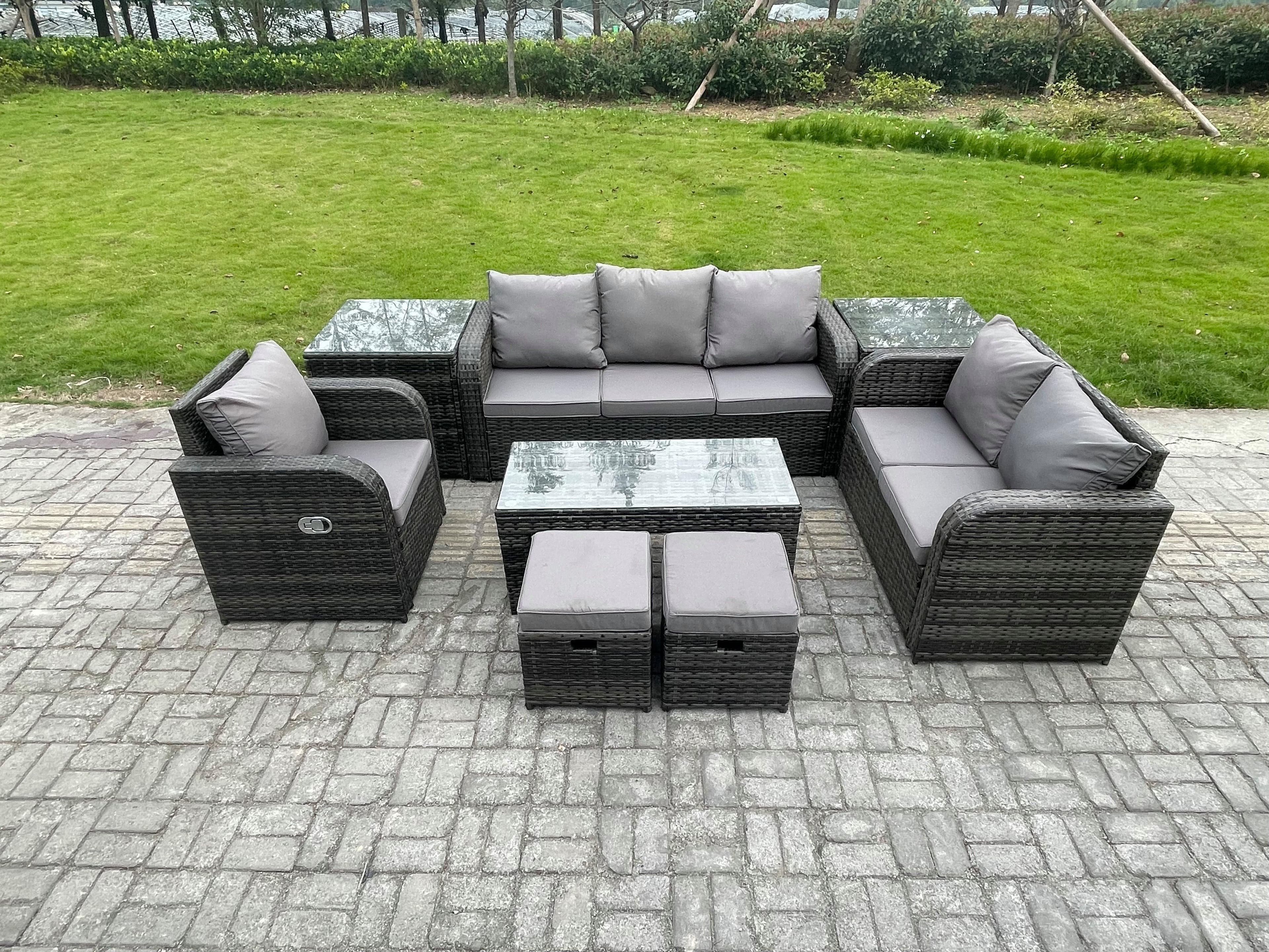 High Back Rattan Garden Furniture Set Loveseat Sofa Rectangular Coffee Table 2 Side Tables 2 Small Footstools Outdoor Patio Lounge Sofa Set