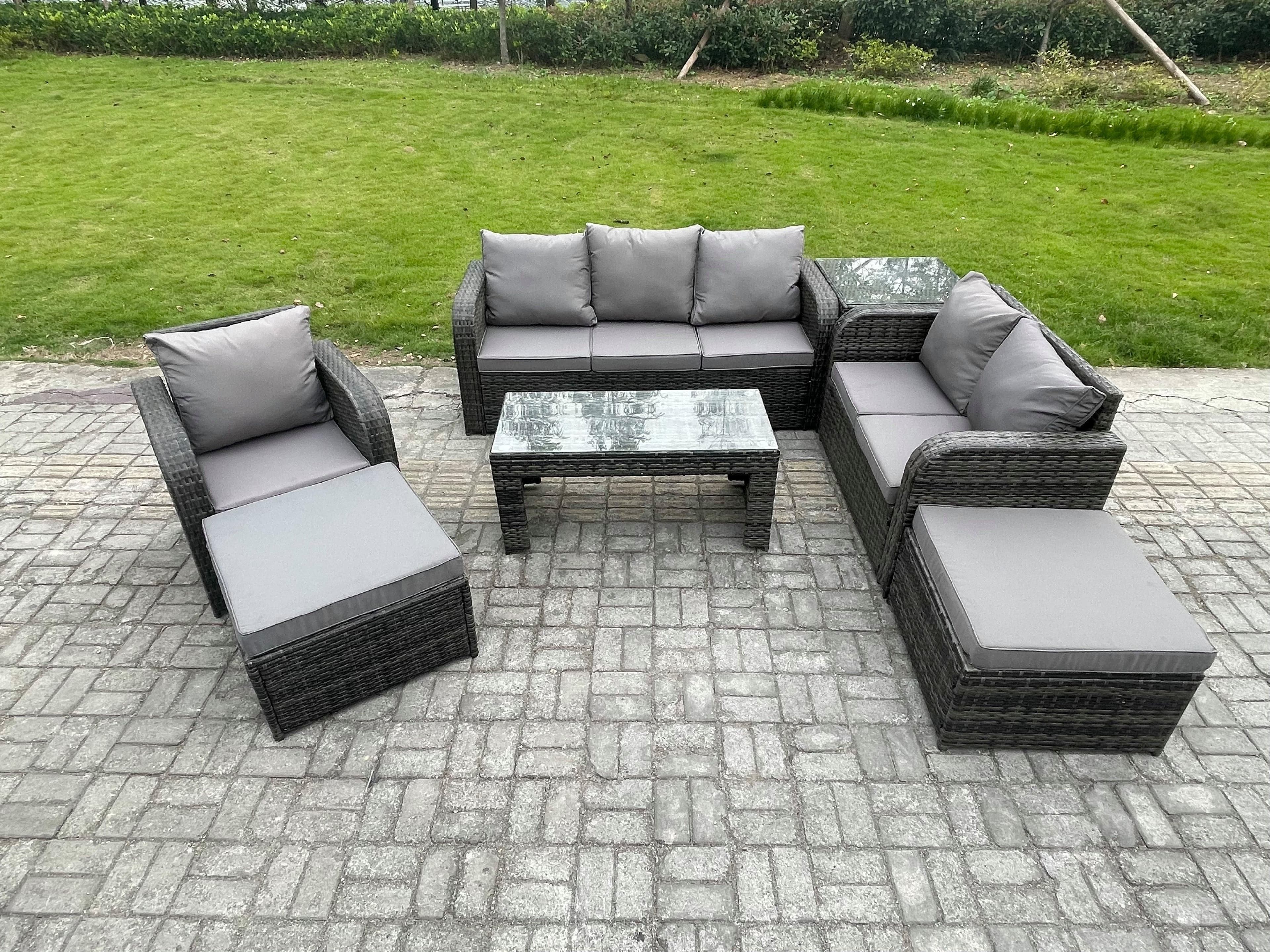 High Back Rattan Garden Furniture Set Loveseat Sofa Rectangular Coffee Table Side Table 2 Big Footstool Indoor Outdoor Patio Lounge Sofa Set