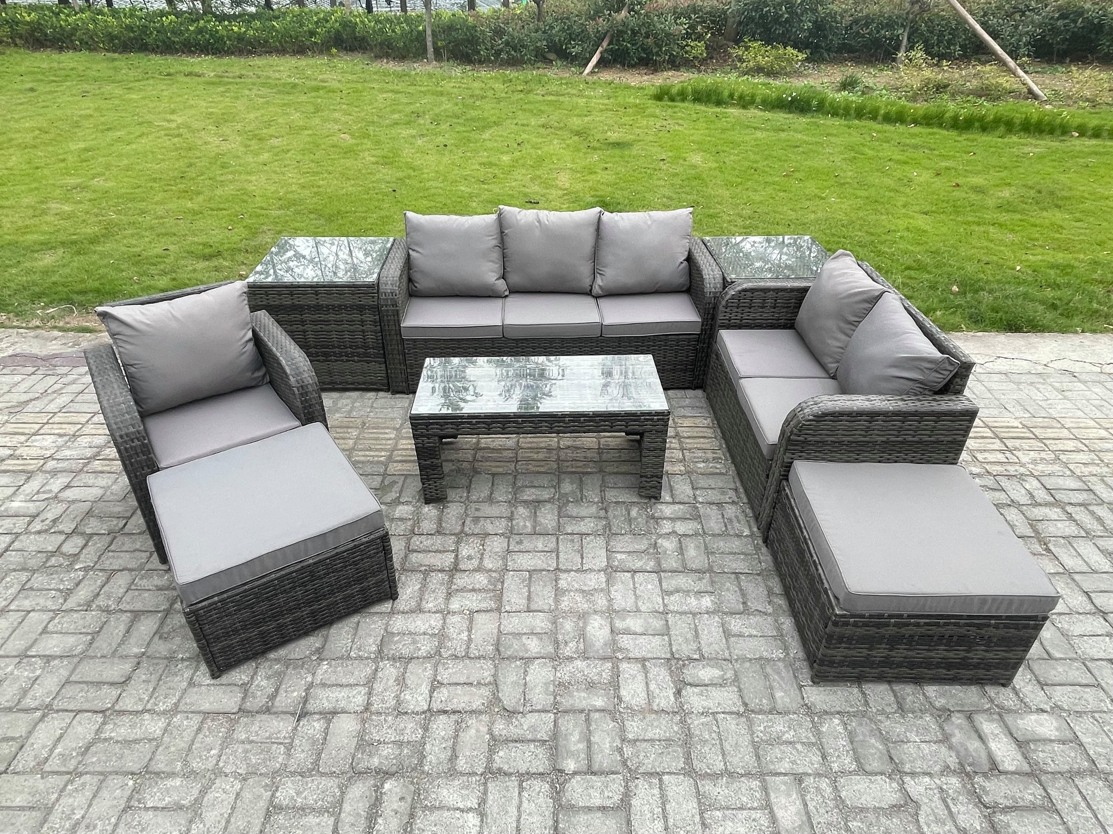 8 Seater High Back Rattan Garden Furniture Set Reclining Chair Rectangular Coffee Table 2 Side Tables 2 Big Footstool Indoor Outdoor Sofa Set