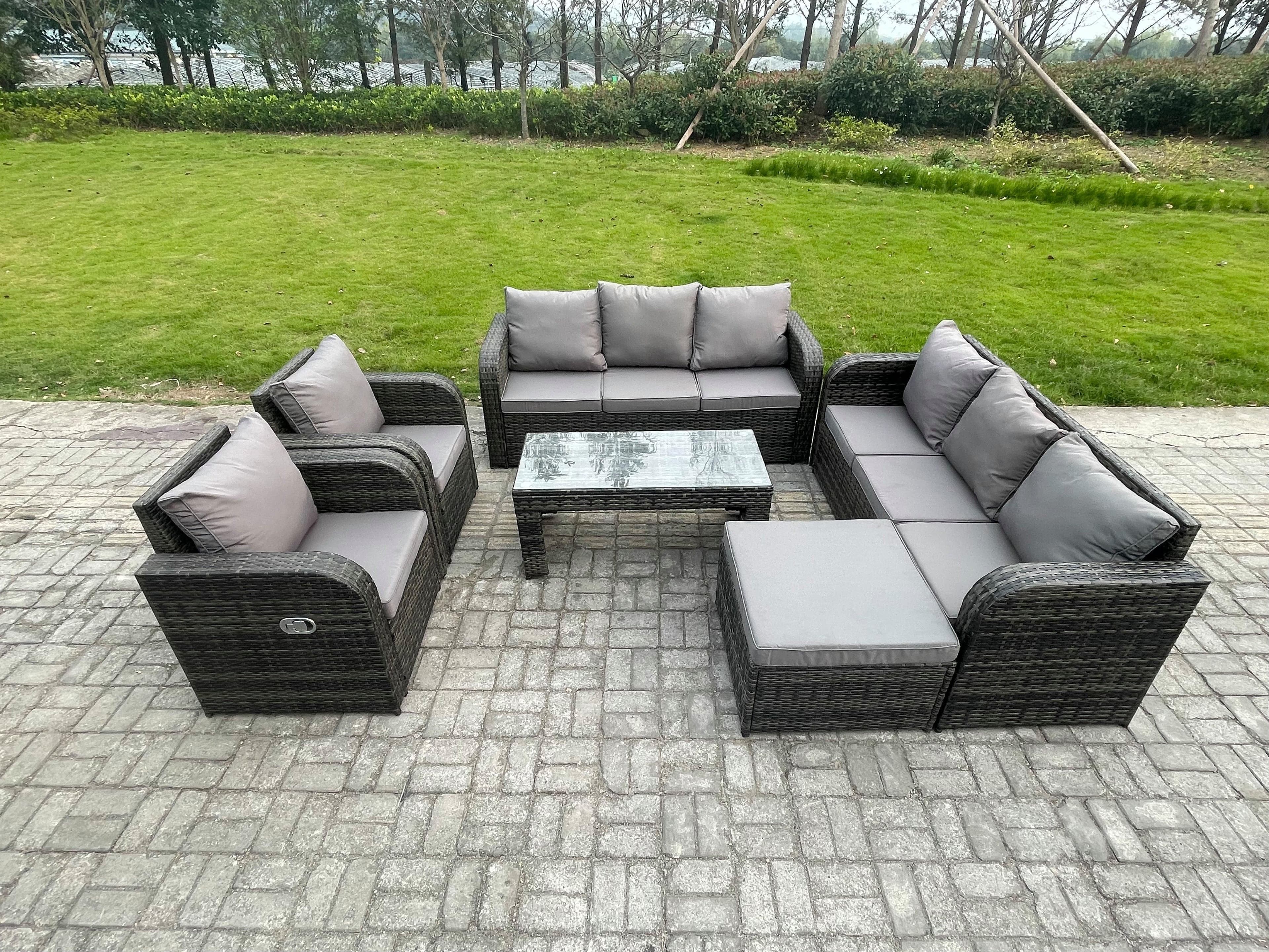 9 Seater High Back Rattan Garden Furniture Set Reclining Chair Rectangular Coffee Table Big Footstool Indoor Outdoor Patio Lounge Sofa Set