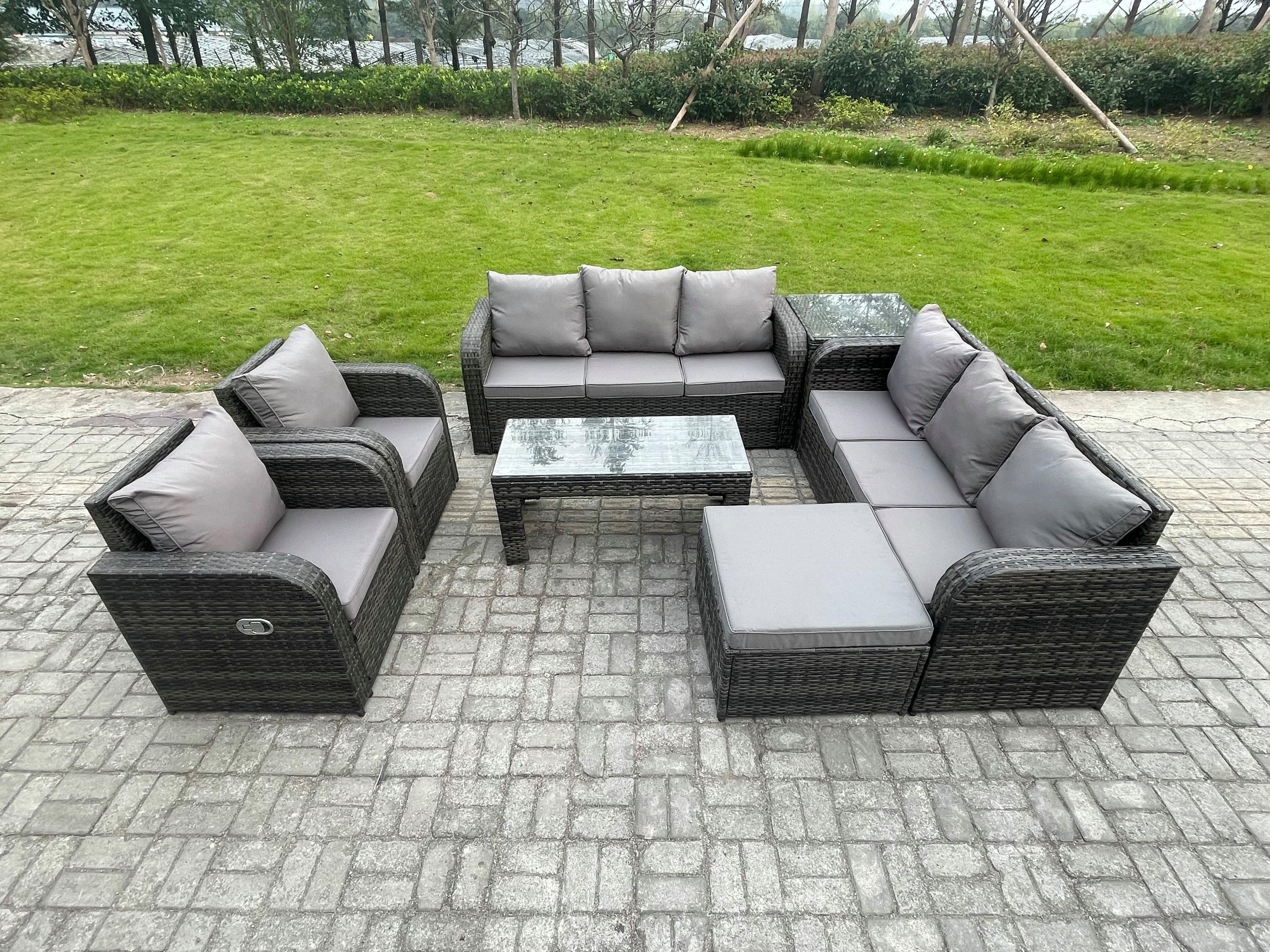 Wicker PE Rattan Sofa Set Outdoor Patio Garden Furniture Reclining Chair Coffee Table Side Table Big Footstool Dark Grey Mixed