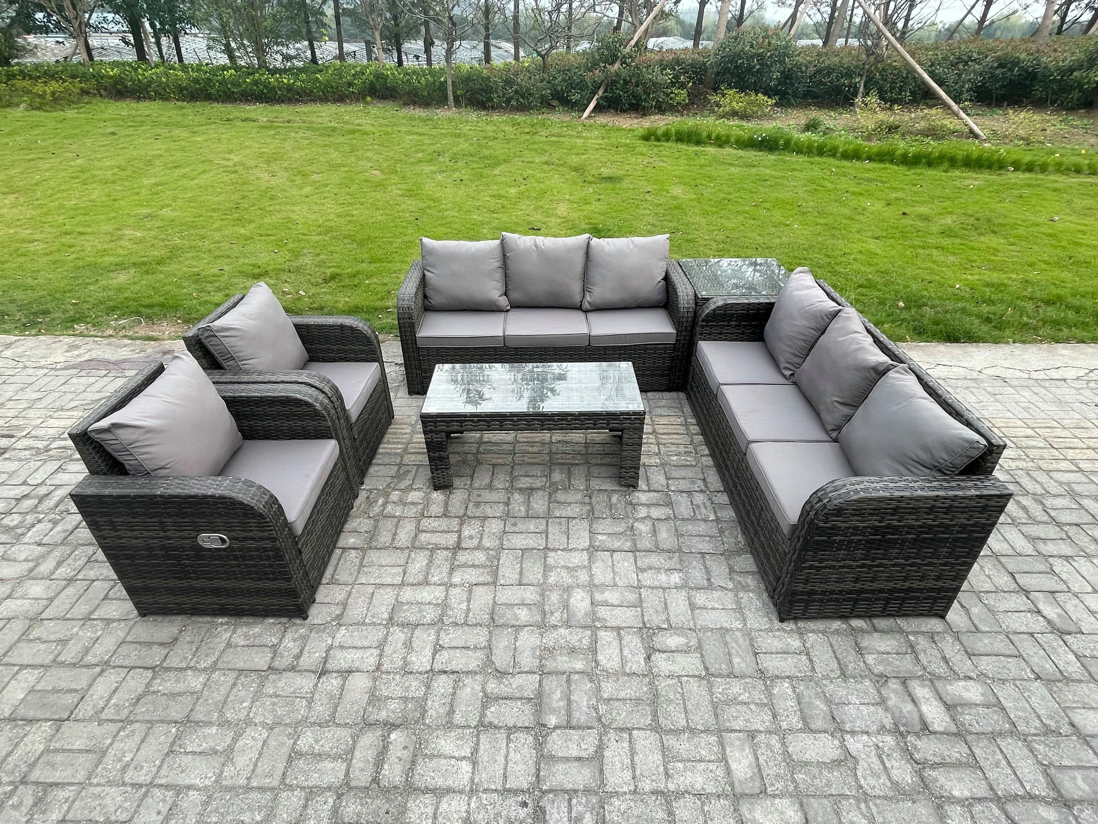 Wicker PE Rattan Sofa Set Outdoor Patio Garden Furniture Reclining Chair Coffee Table Side Table Dark Grey Mixed