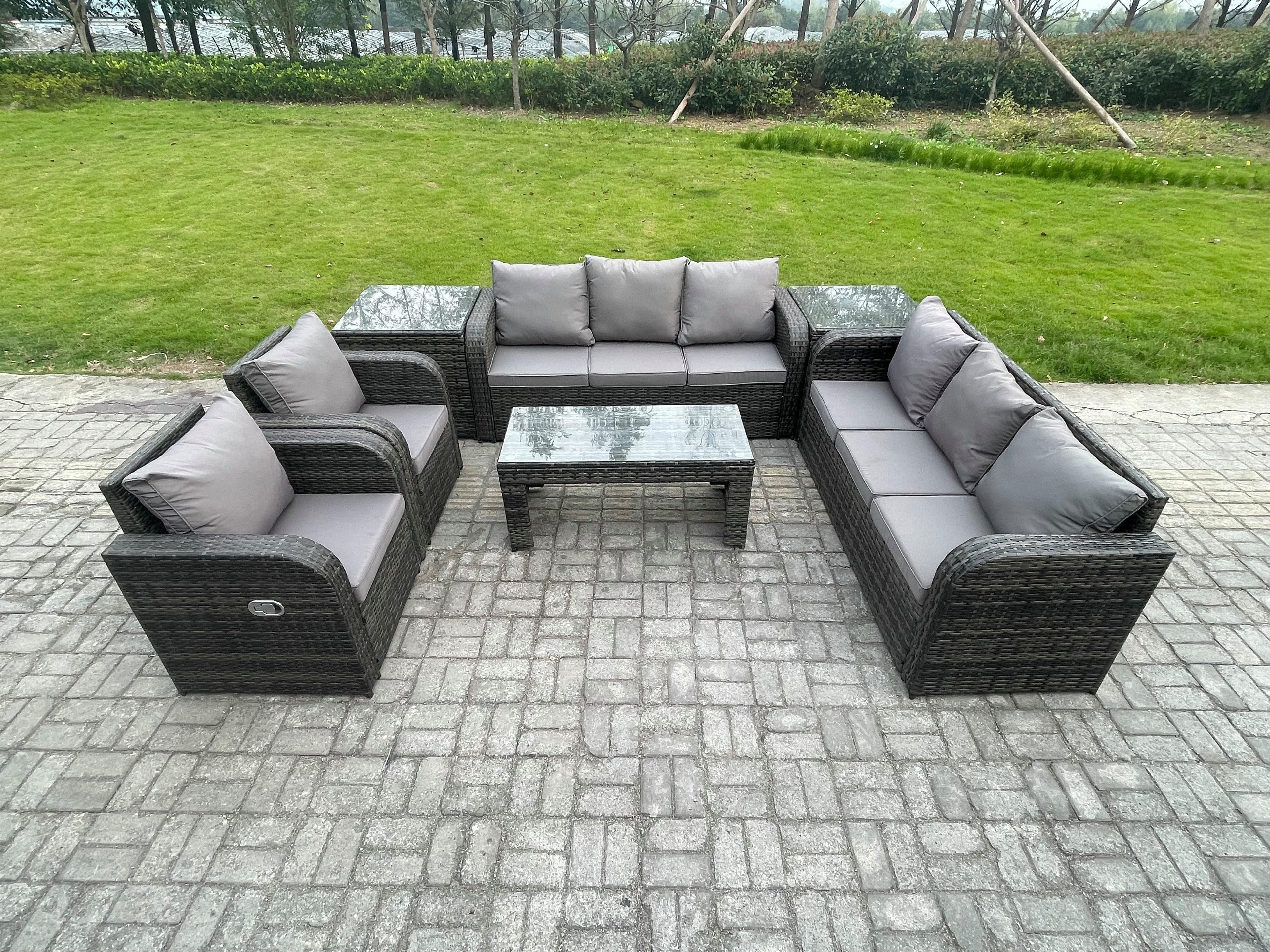 Wicker PE Rattan Sofa Set Outdoor Patio Garden Furniture Reclining Chair Coffee Table 2 Side Tables Dark Grey Mixed