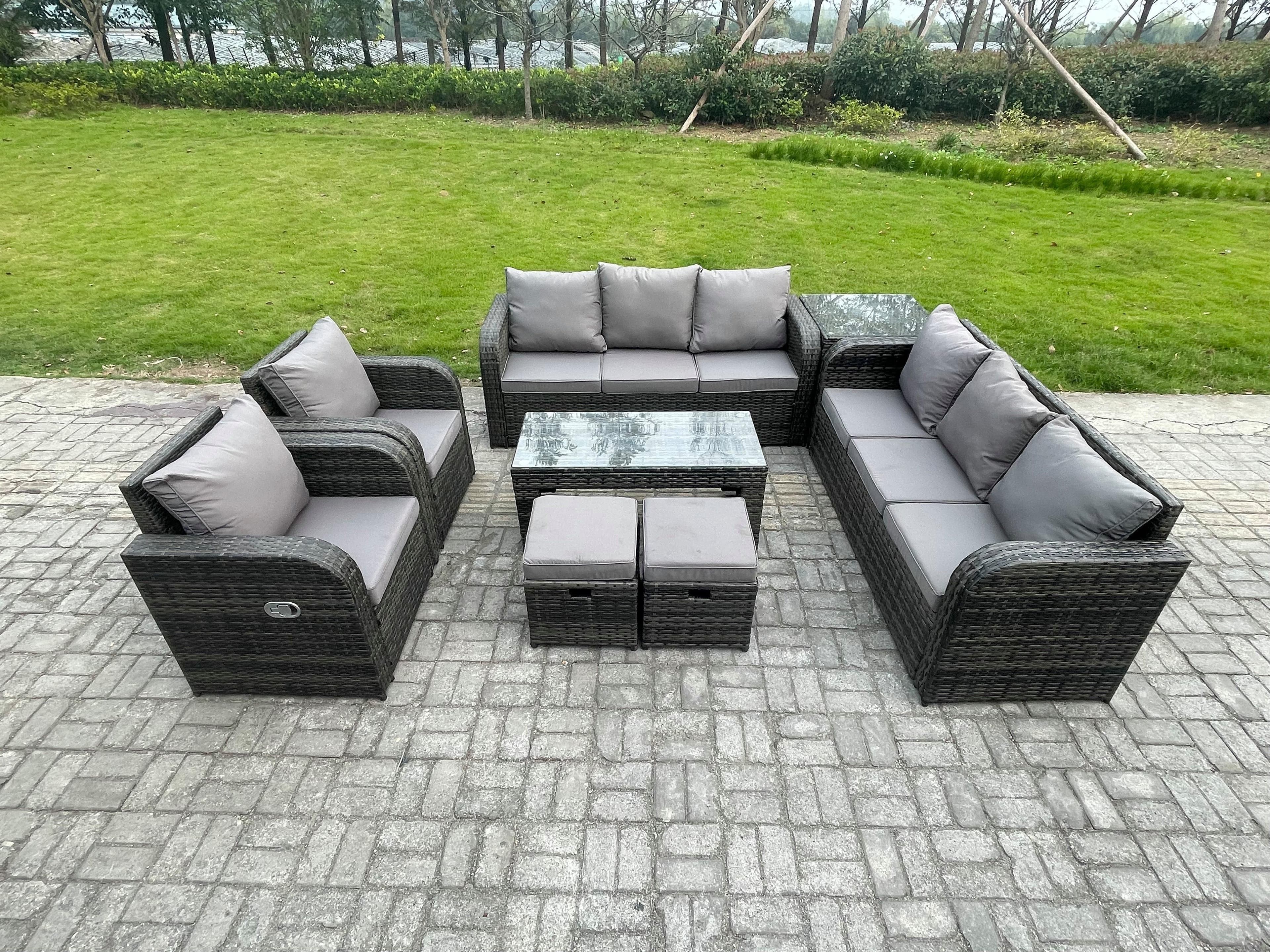 10 Seater Wicker PE Rattan Sofa Set Outdoor Patio Garden Furniture 2 Reclining Chairs Coffee Table Side Table 2 Small Footstools