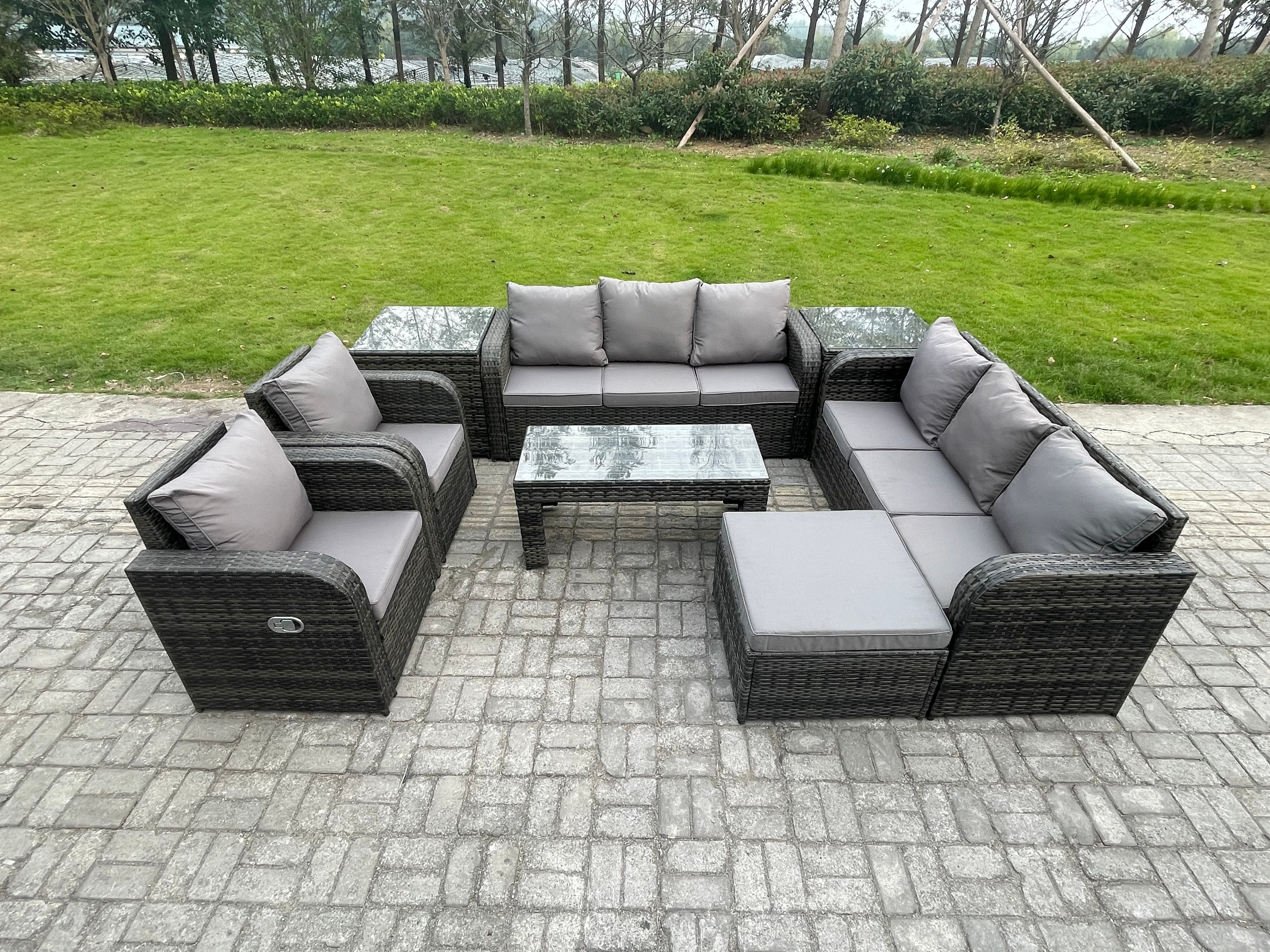 9 Seater Wicker PE Rattan Sofa Set Outdoor Patio Garden Furniture 2 Reclining Chairs Coffee Table 2 Side Tables Big Footstool
