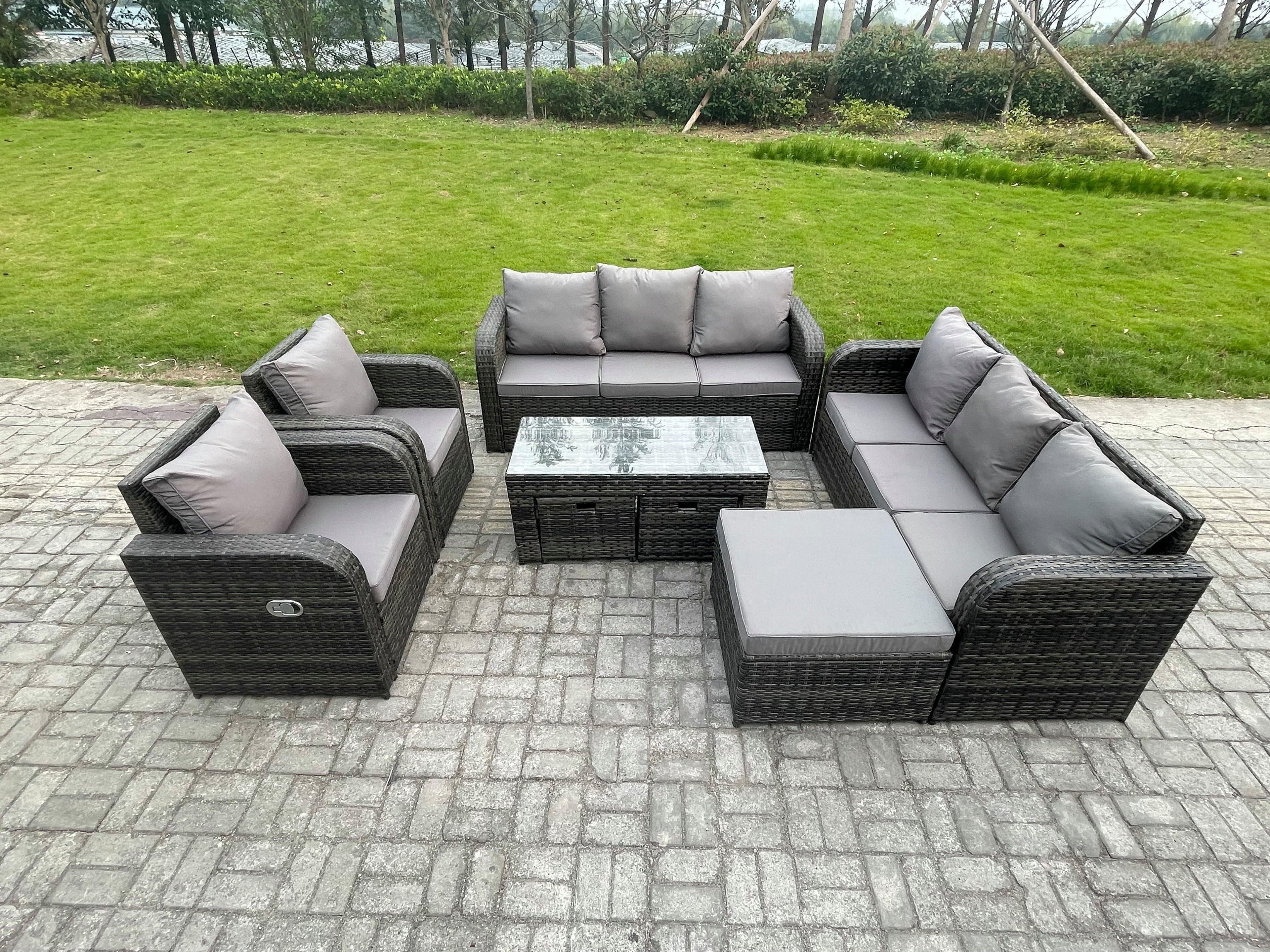 11 Seater Wicker PE Rattan Sofa Set Outdoor Patio Garden Furniture 2 Reclining Chairs Coffee Table 3 Footstools Dark Grey Mixed