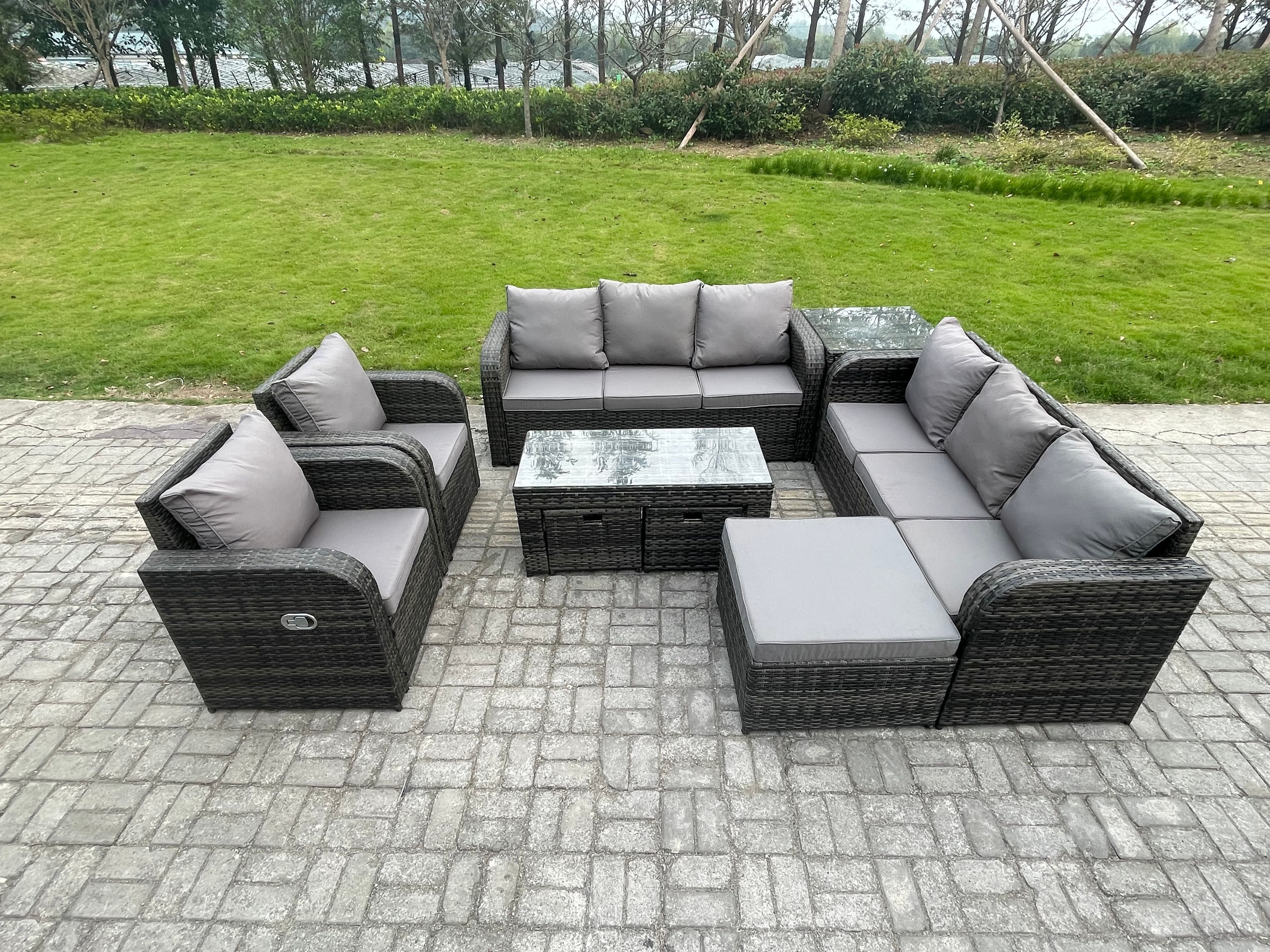 11 Seater Wicker PE Rattan Sofa Set Outdoor Patio Garden Furniture 2 Reclining Chairs Coffee Table Side Table
