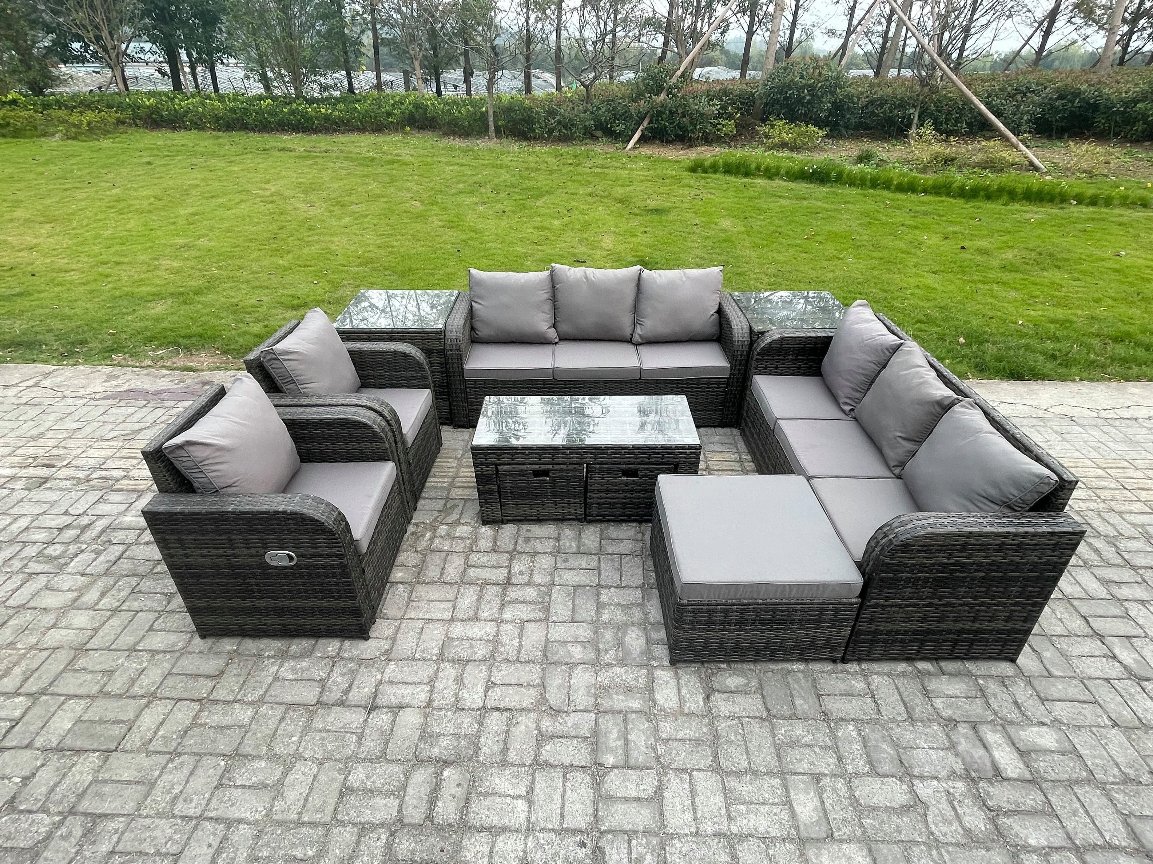Wicker PE Rattan Sofa Set 11 Seater Outdoor Patio Garden Furniture Set 2 Reclining Chairs Coffee Table 2 Side Tables